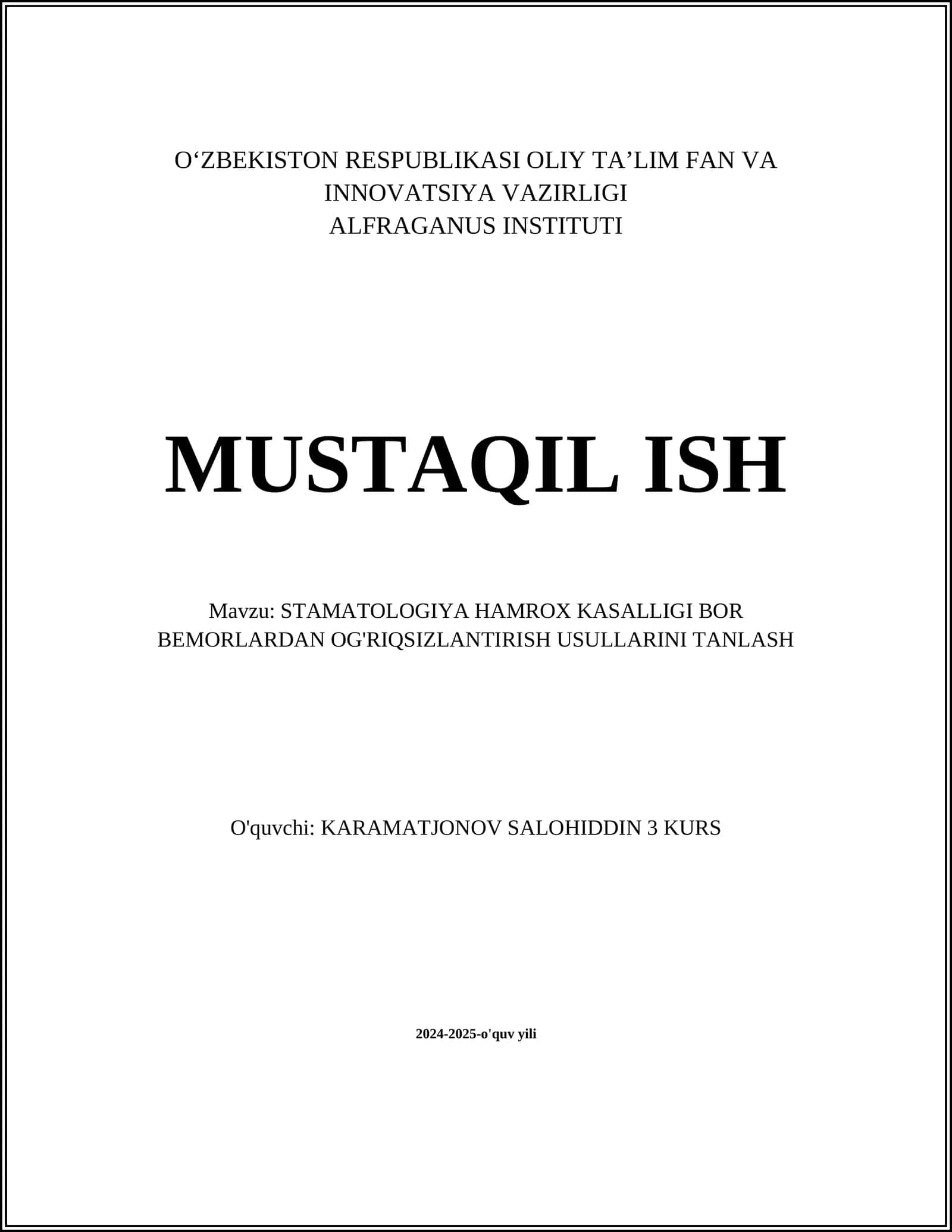 STAMATOLOGIYA HAMROX KASALLIGI BOR BEMORLARDAN OG'RIQSIZLANTIRISH USULLARINI TANLASH