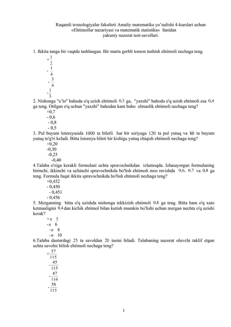 Ehtimollar nazariyasi va matematik statistika
