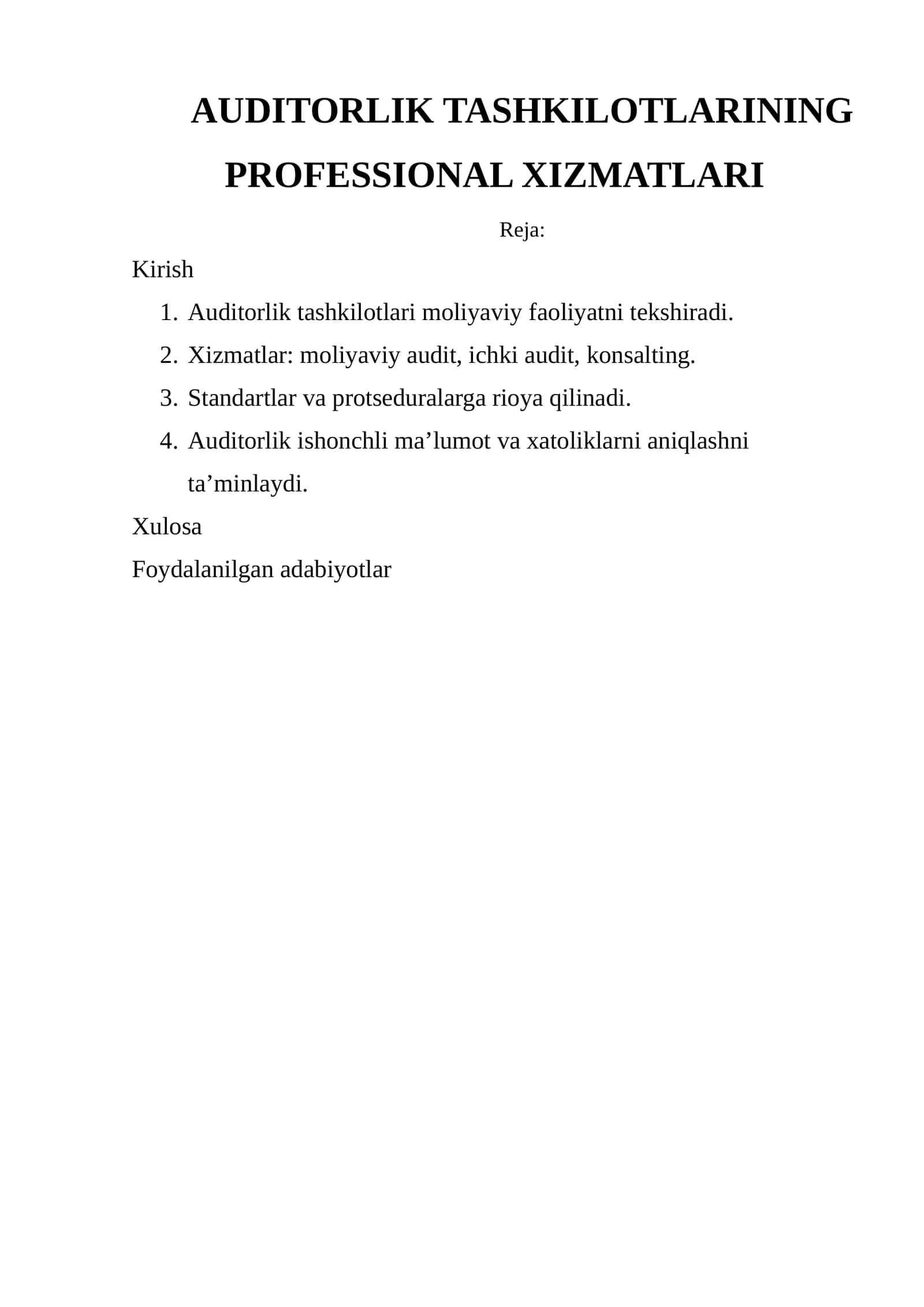 AUDITORLIK TASHKILOTLARINING PROFESSIONAL XIZMATLARI