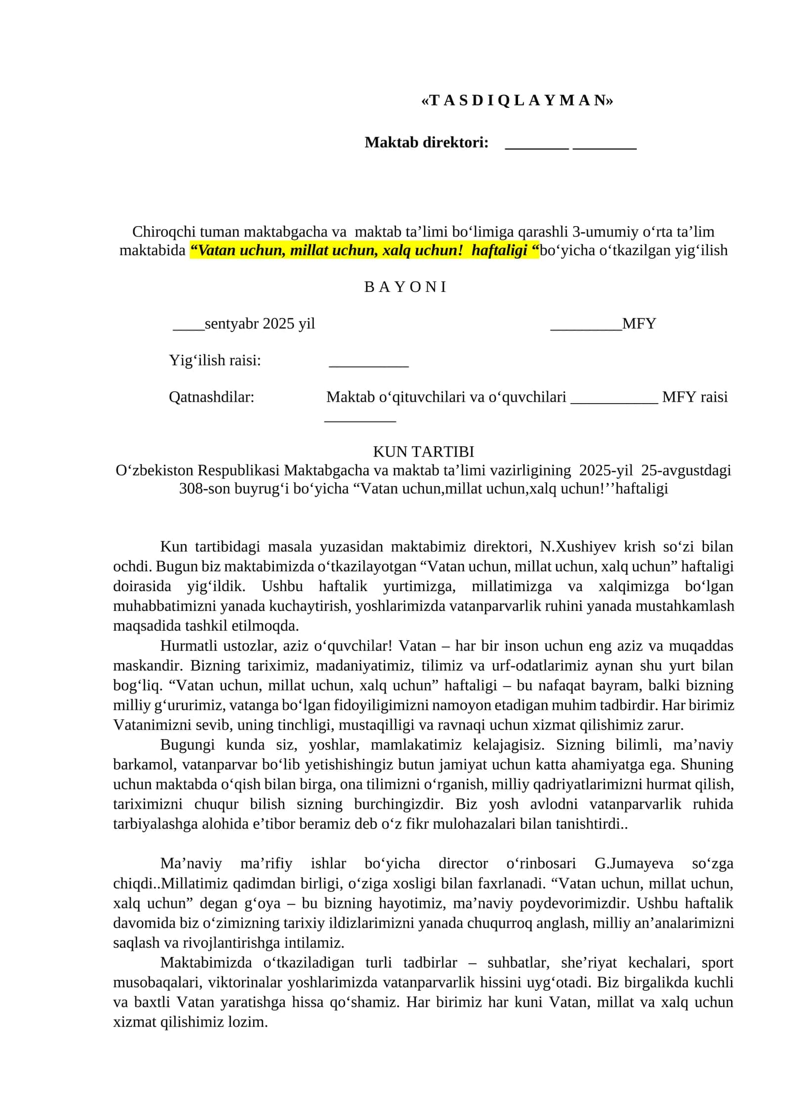 Vatan uchun, millat uchun, xalq uchun! haftaligi
