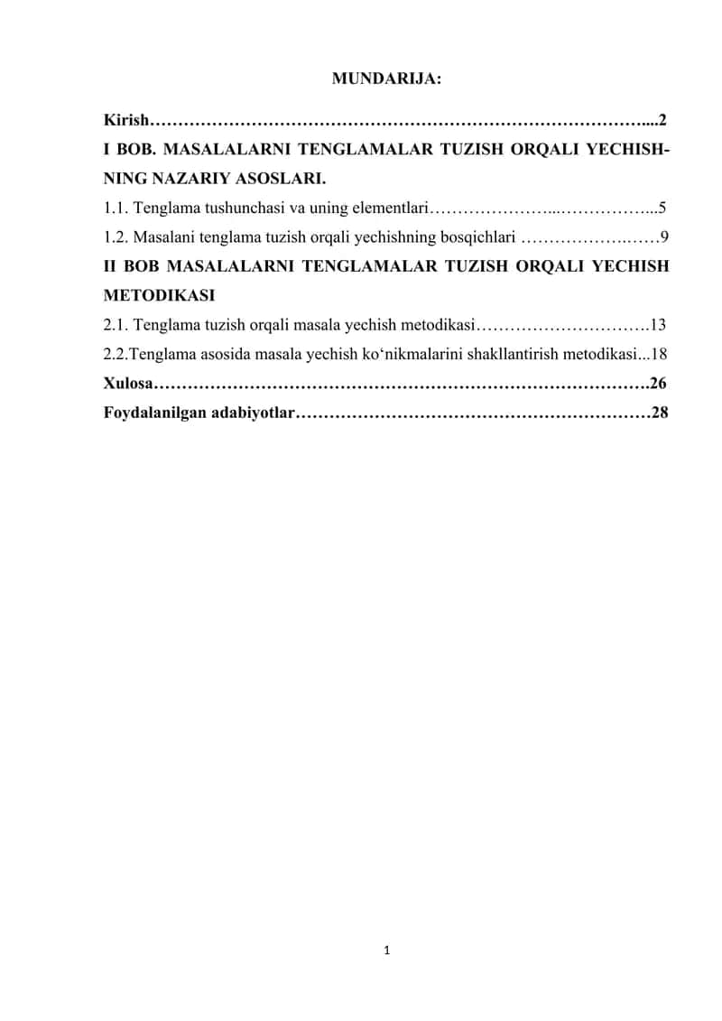 Masalalarni tenglamalar tuzish orqali yechish metodikasi