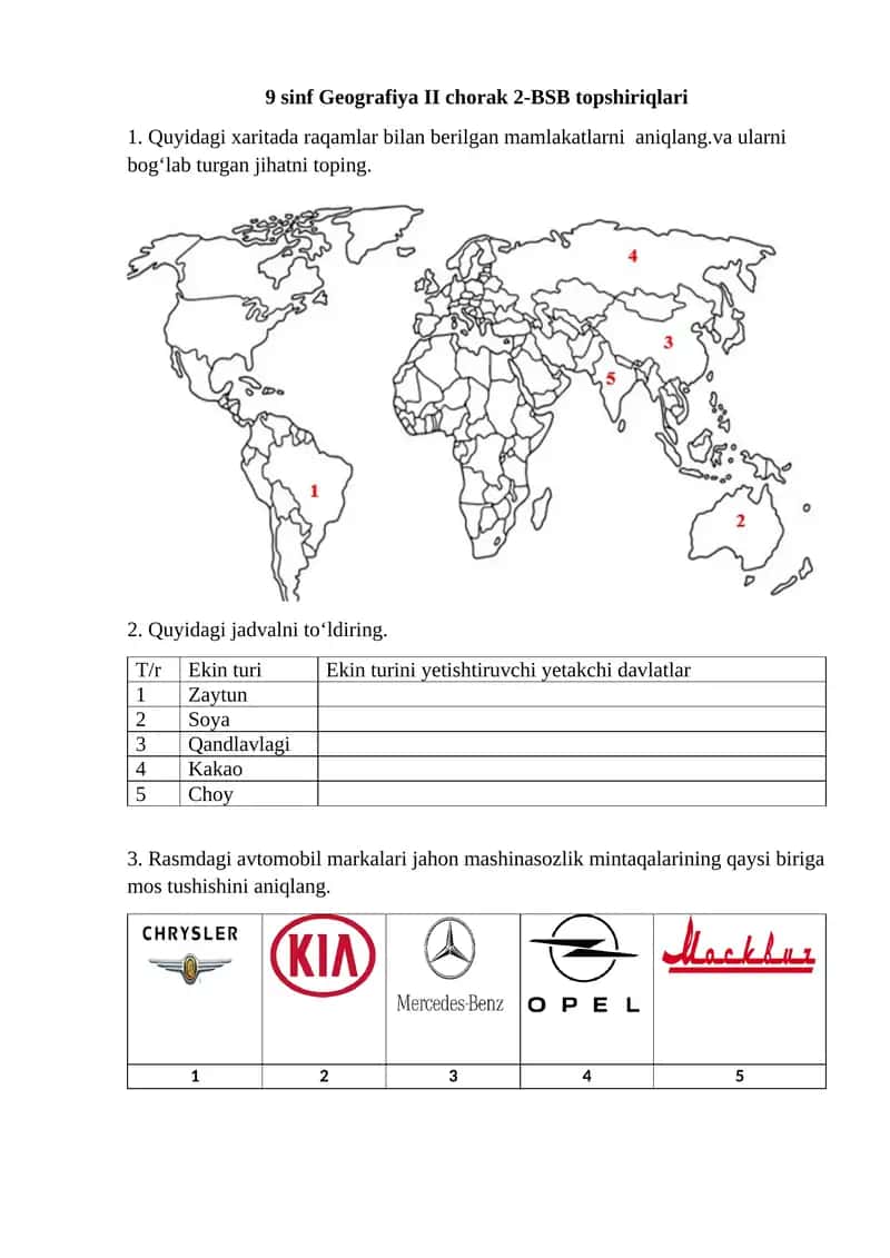 9 sinf Geografiya II chorak 2-BSB topshiriqlari