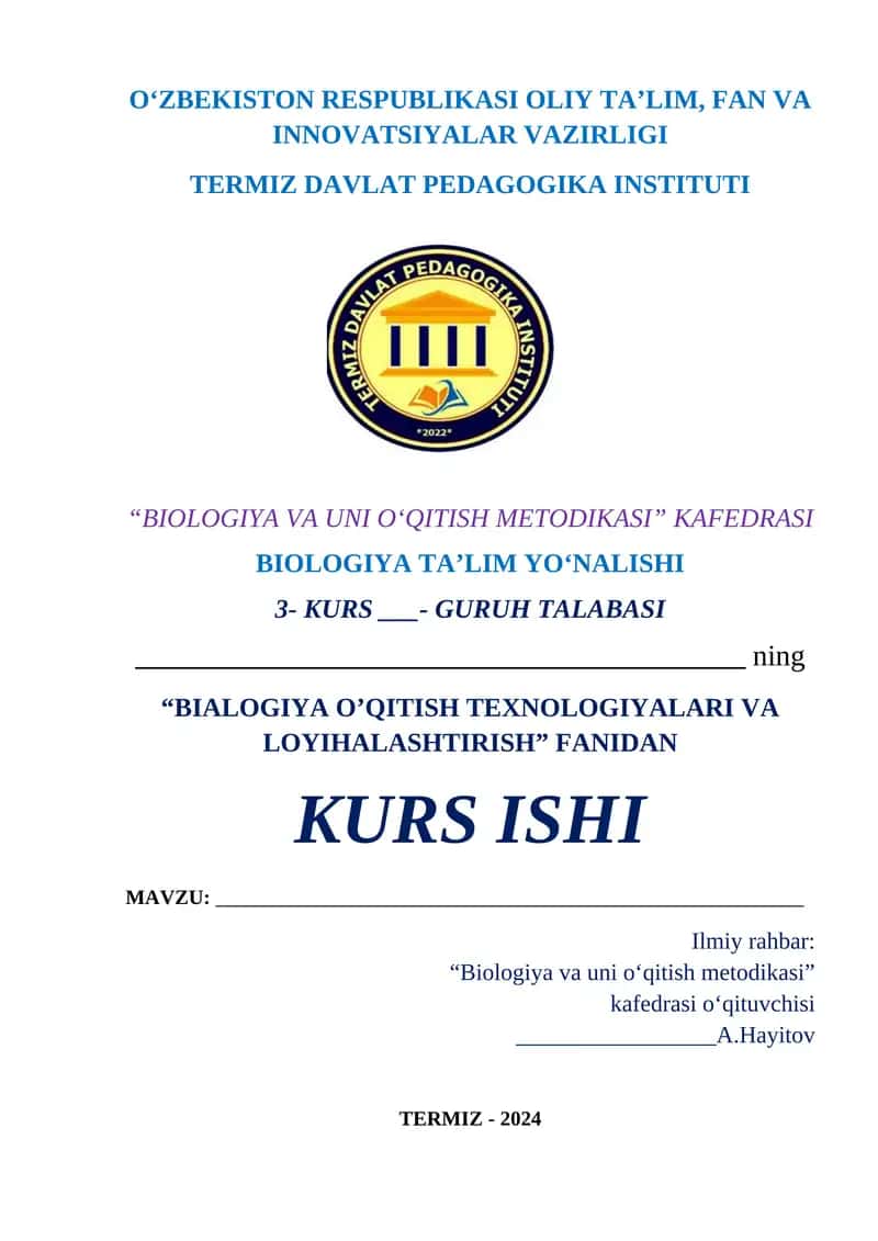 BIOLOGIYA O’QITISH TEXNOLOGIYALARI VA LOYIHALASHTIRISH