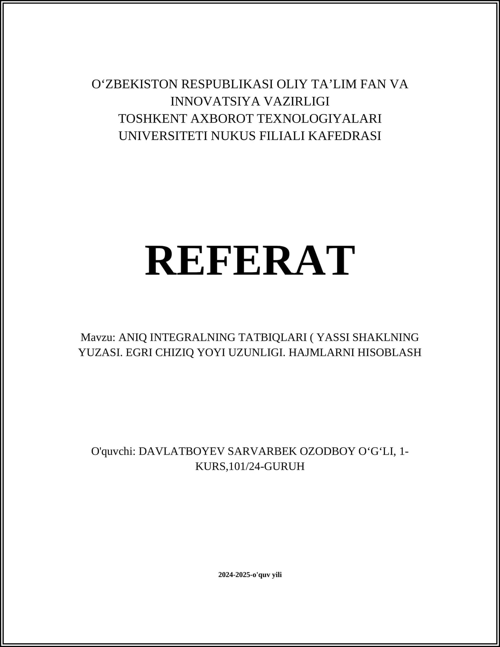 ANIQ INTEGRALNING TATBIQLARI