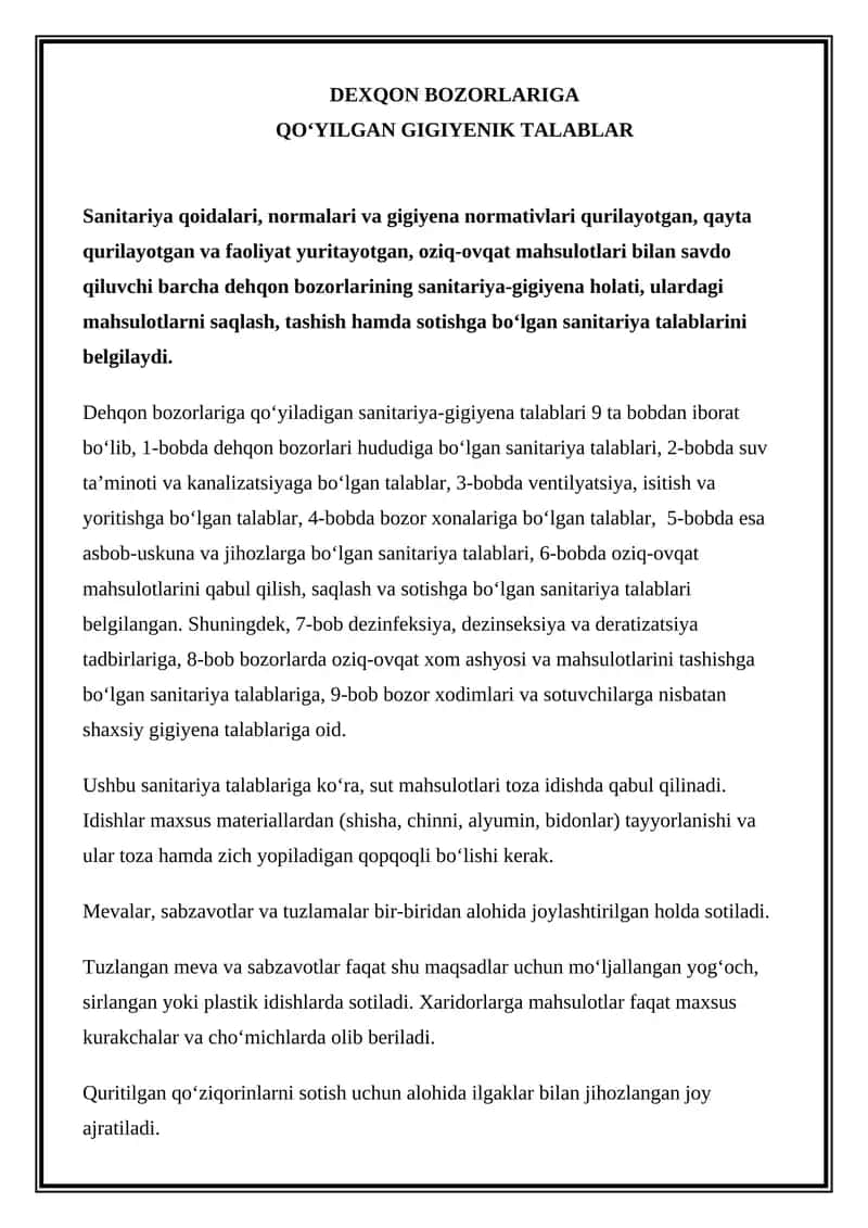 Dehqon bozorlariga qo‘yilgan gigiyenik talablar