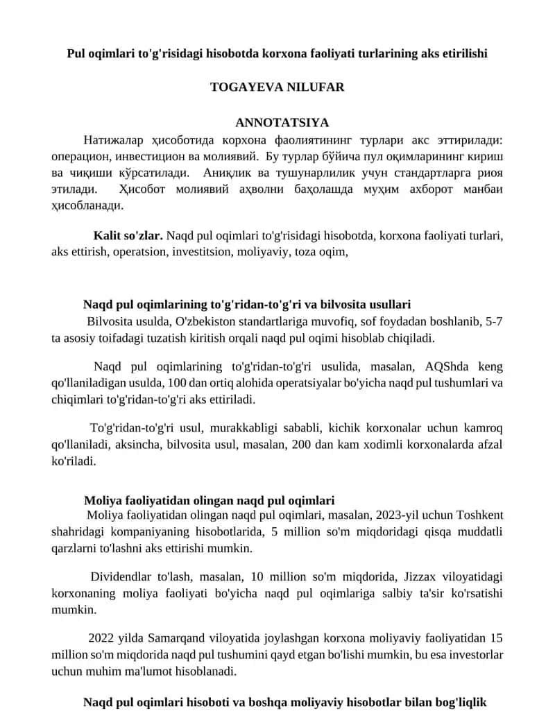 Pul oqimlari to'g'risidagi hisobotda korxona faoliyati turlarining aks etirilishi