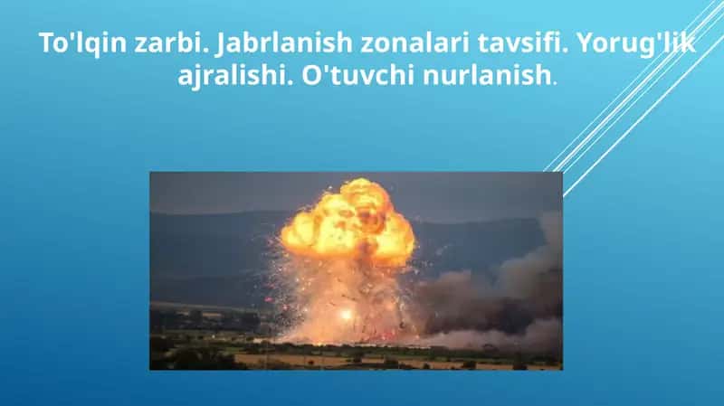 To'lqin zarbi. Jabrlanish zonalari tavsifi. Yorug'lik ajralishi. O'tuvchi nurlanish.