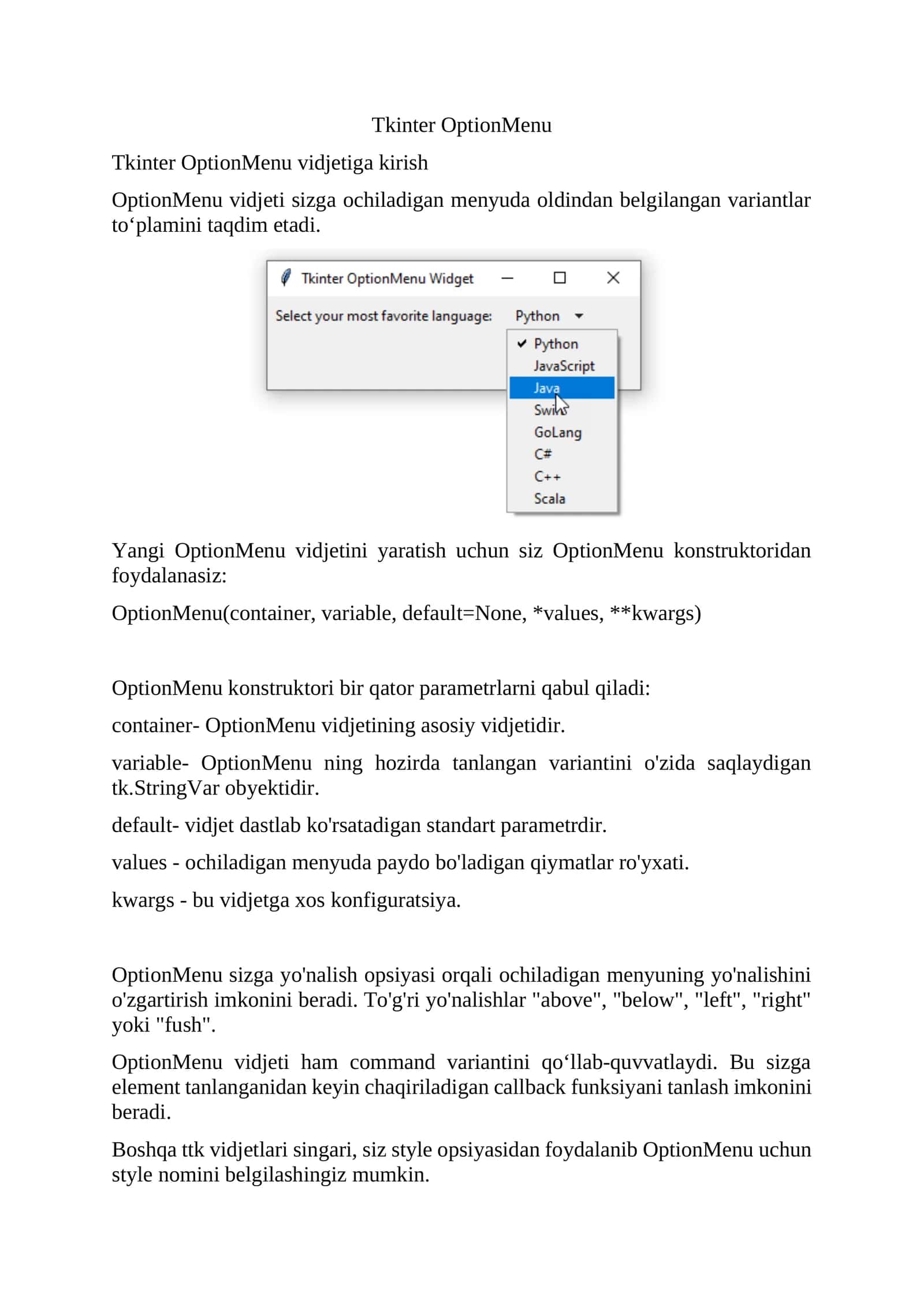 Tkinter OptionMenu