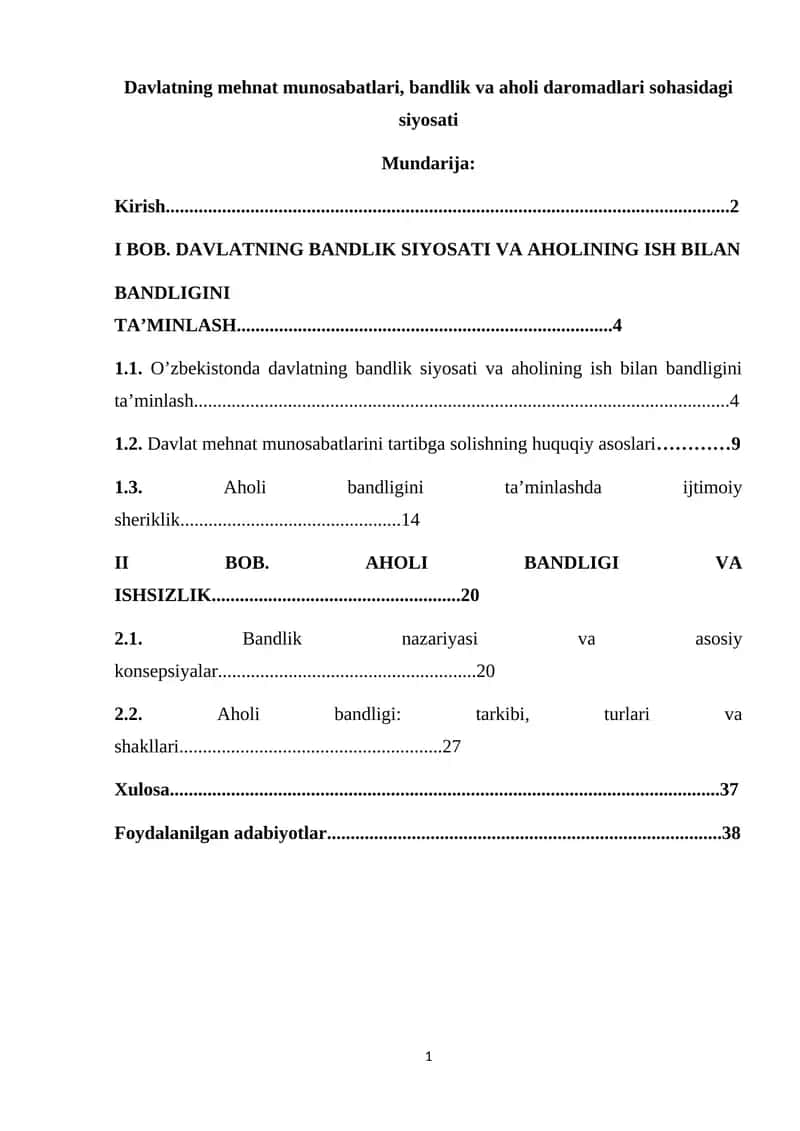 Davlatning mehnat munosabatlari, bandlik va aholi daromadlari sohasidagi siyosati