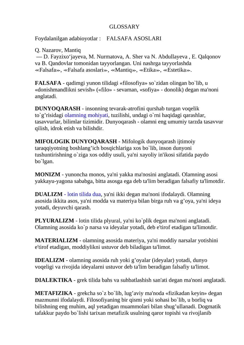 Foydalanilgan adabiyotlar: FALSAFA ASOSLARI