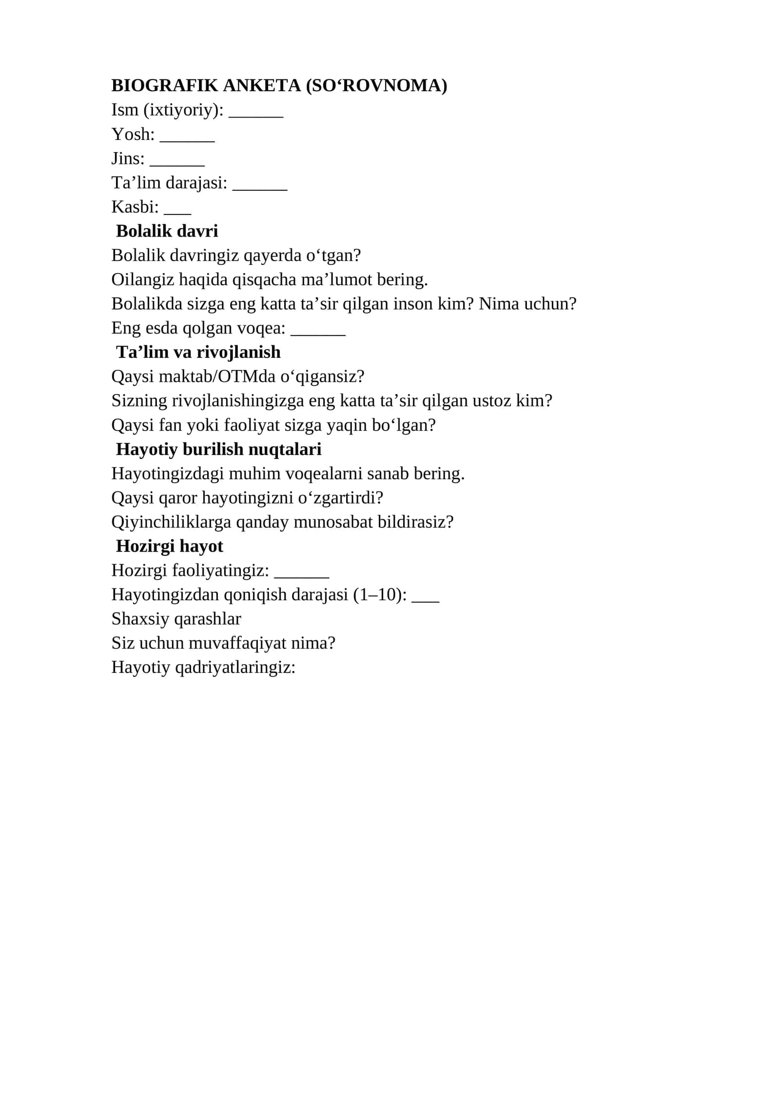 BIOGRAFIK ANKETA (SO‘ROVNOMA)