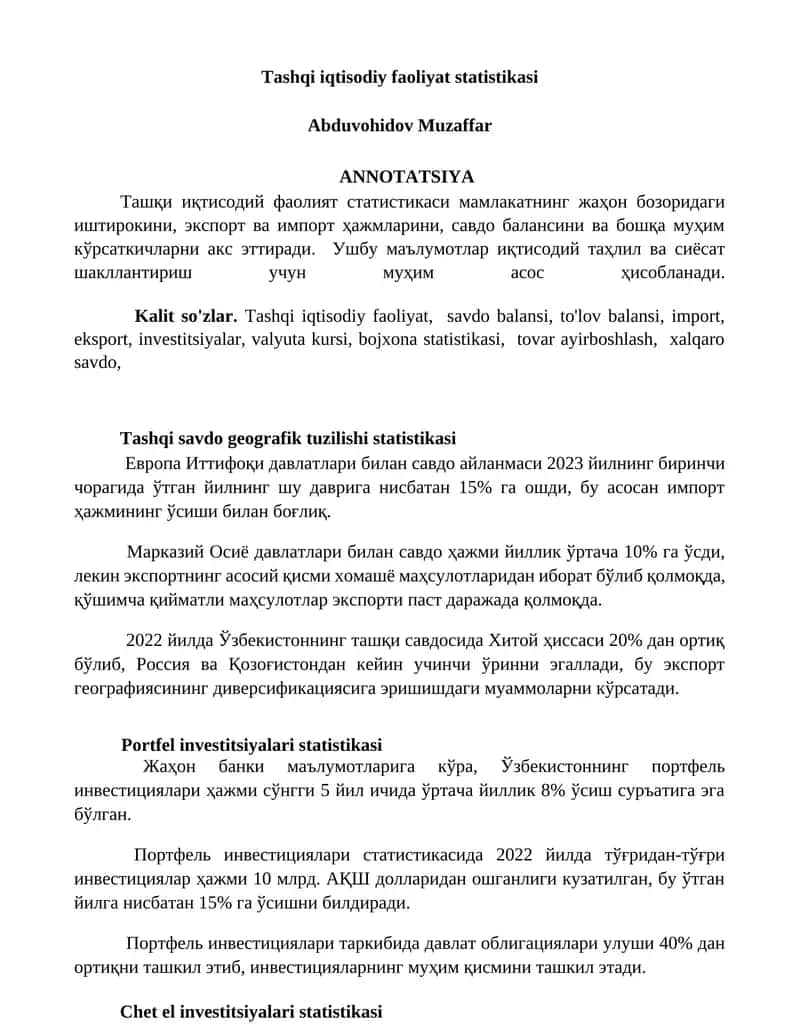 Tashqi iqtisodiy faoliyat statistikasi