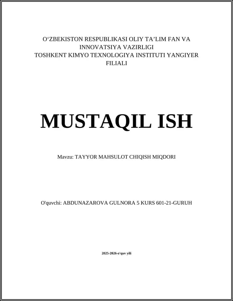 TAYYOR MAHSULOT CHIQISH MIQDORI
