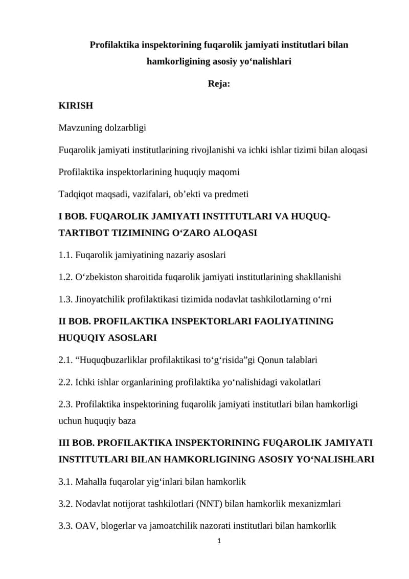 Profilaktika inspektorining fuqarolik jamiyati institutlari bilan hamkorligining asosiy yo‘nalishlari