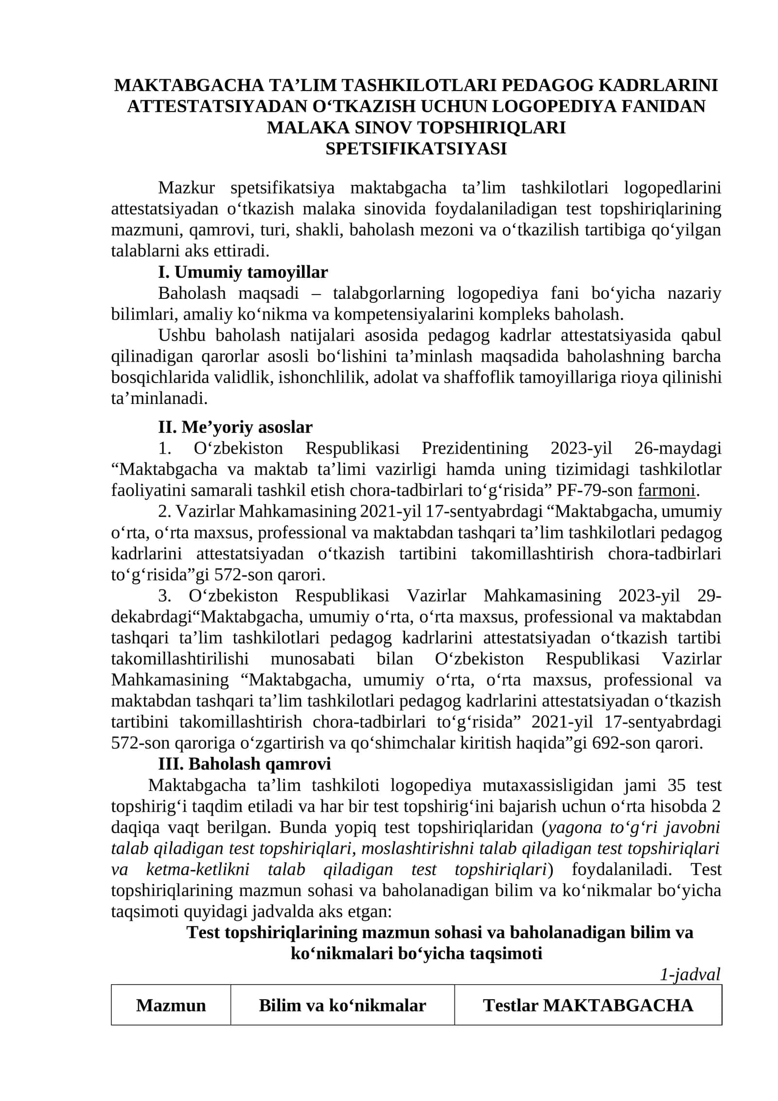 MAKTABGACHA TAʼLIM TASHKILOTLARI PEDAGOG KADRLARINI ATTESTATSIYADAN OʻTKAZISH UCHUN LOGOPEDIYA FANIDAN MALAKA SINOV TOPSHIRIQLARI