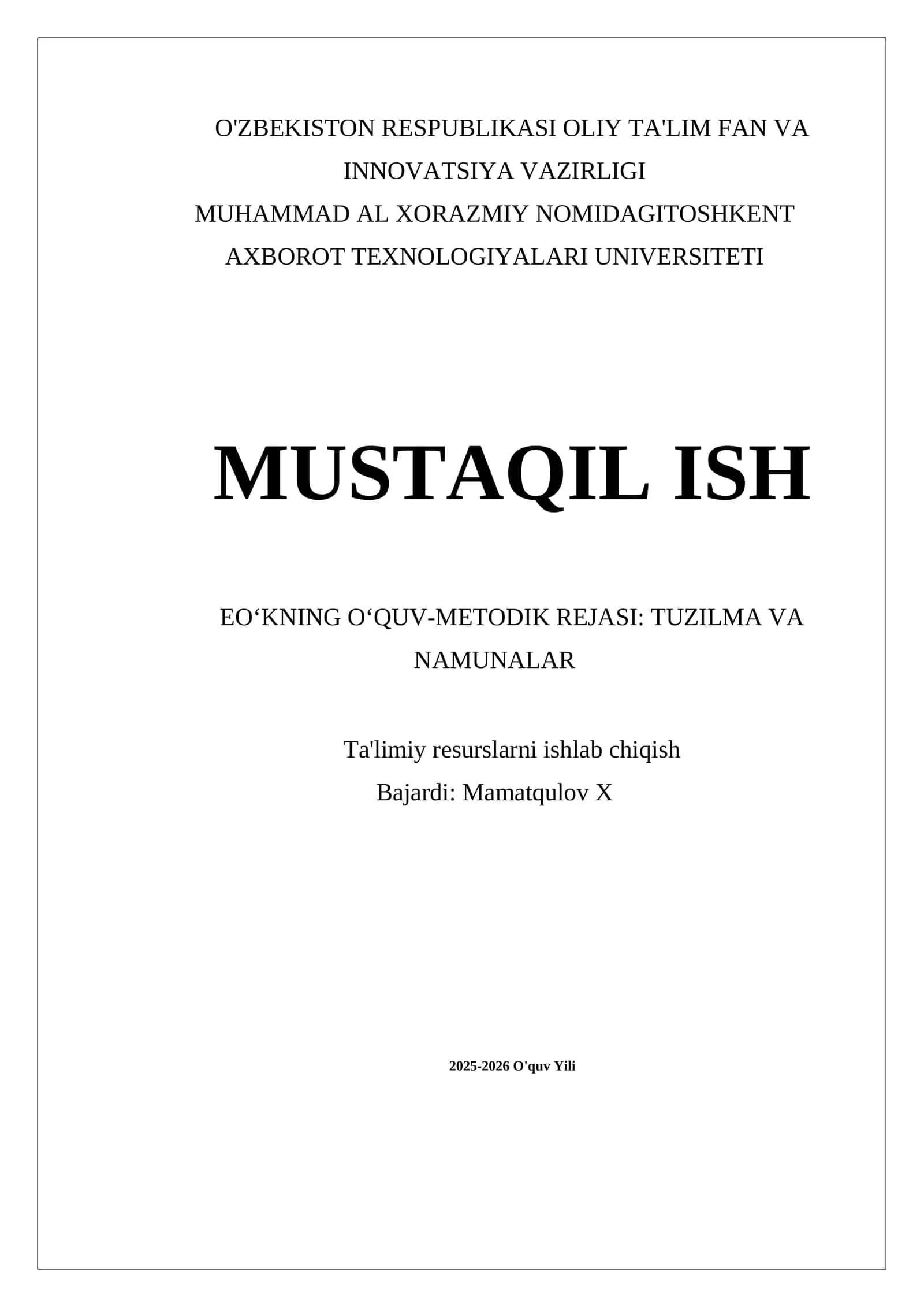 EO‘KNING O‘QUV-METODIK REJASI: TUZILMA VA NAMUNALAR