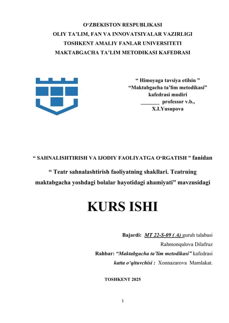 Teatr sahnalashtirish faoliyatning shakllari. Teatrning maktabgacha yoshdagi bolalar hayotidagi ahamiyati