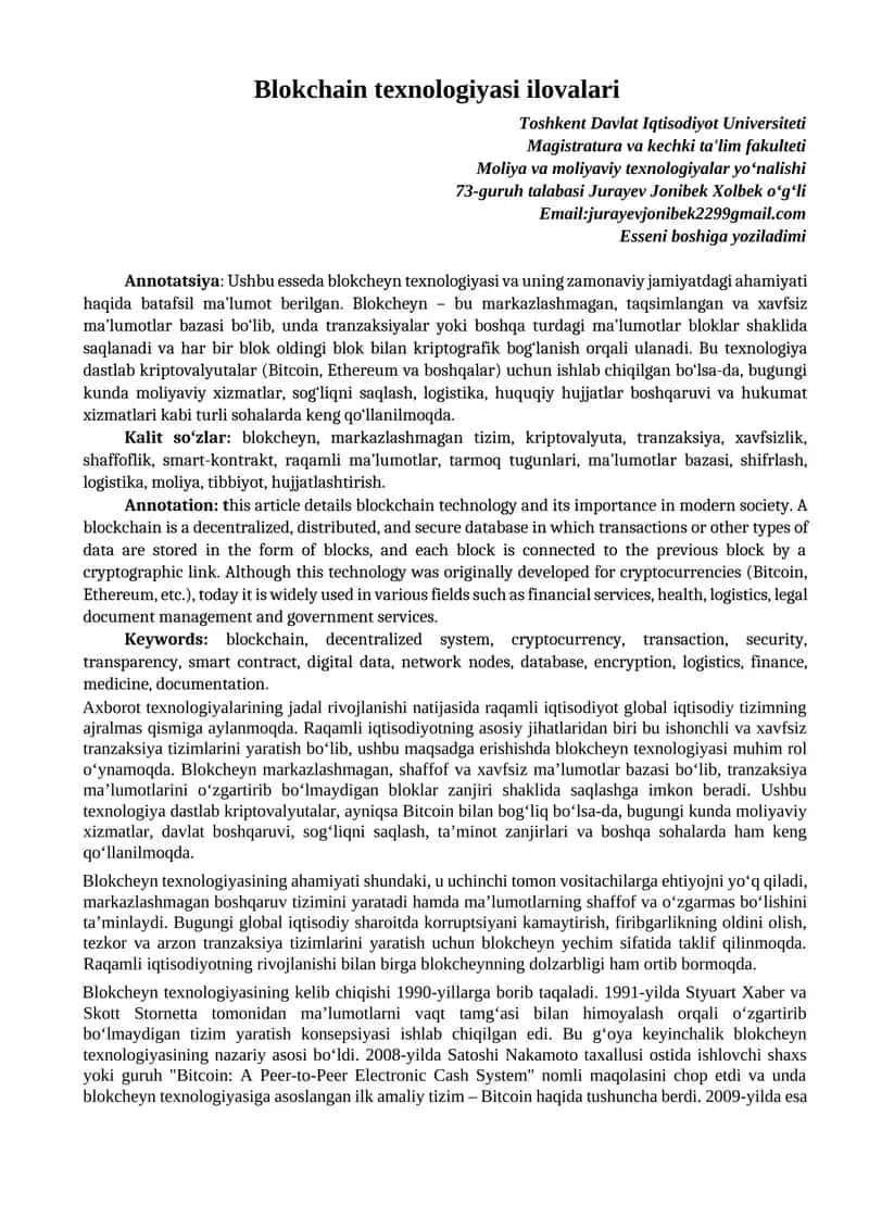 Blokchain texnologiyasi ilovalari
