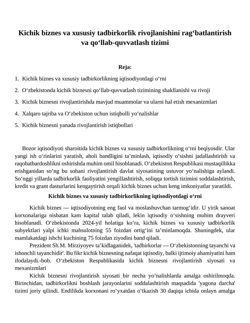 Kichik biznes va xususiy tadbirkorlik rivojlanishini rag‘batlantirish va qo‘llab-quvvatlash tizimi
