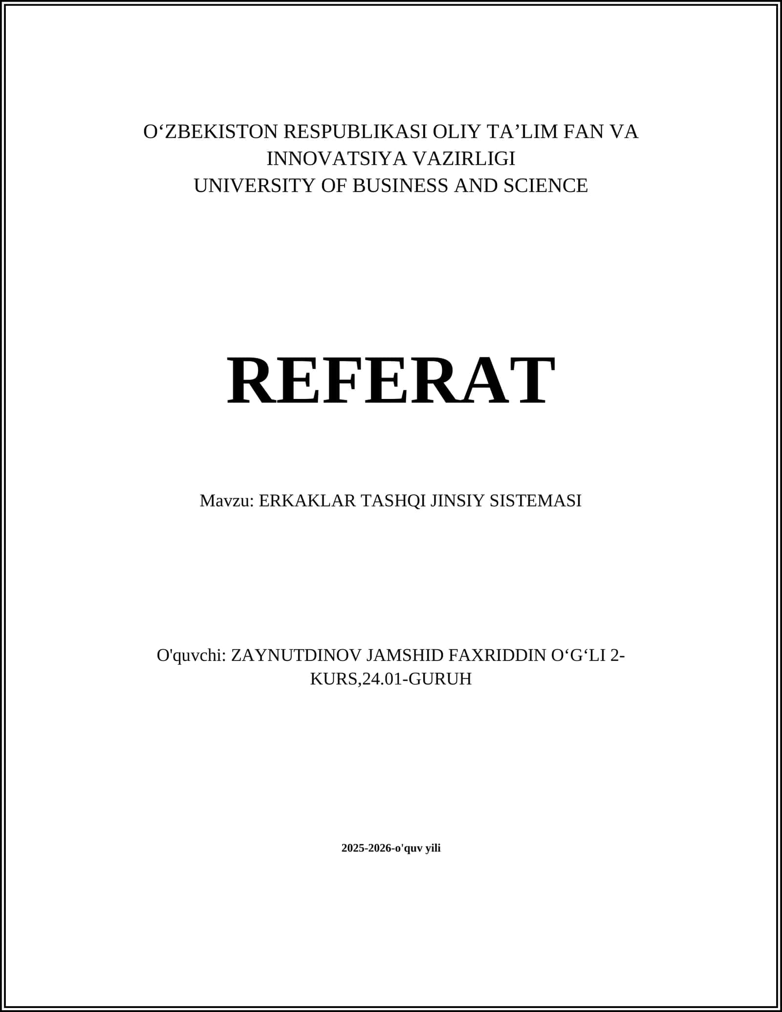 ERKAKLAR TASHQI JINSIY SISTEMASI