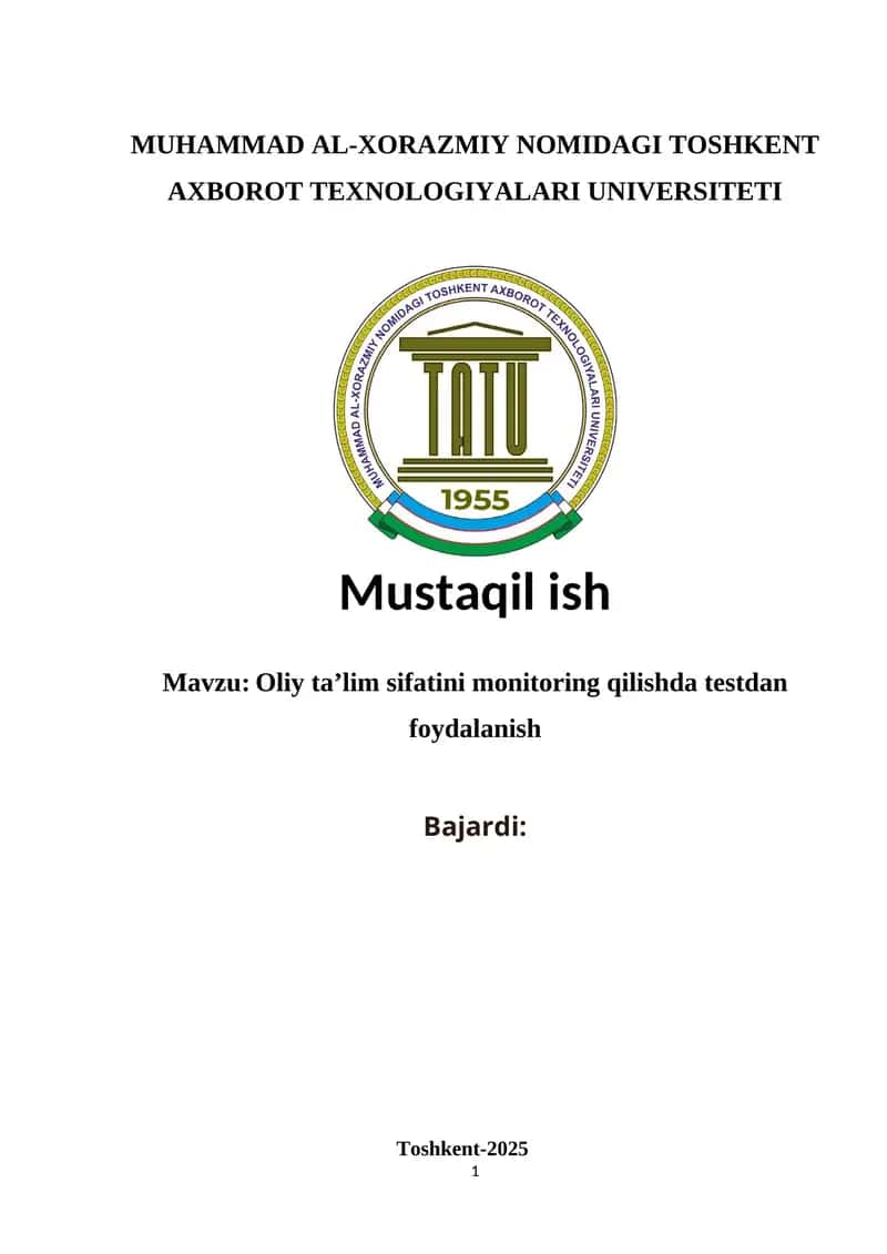 : Oliy ta’lim sifatini monitoring qilishda testdan foydalanish
