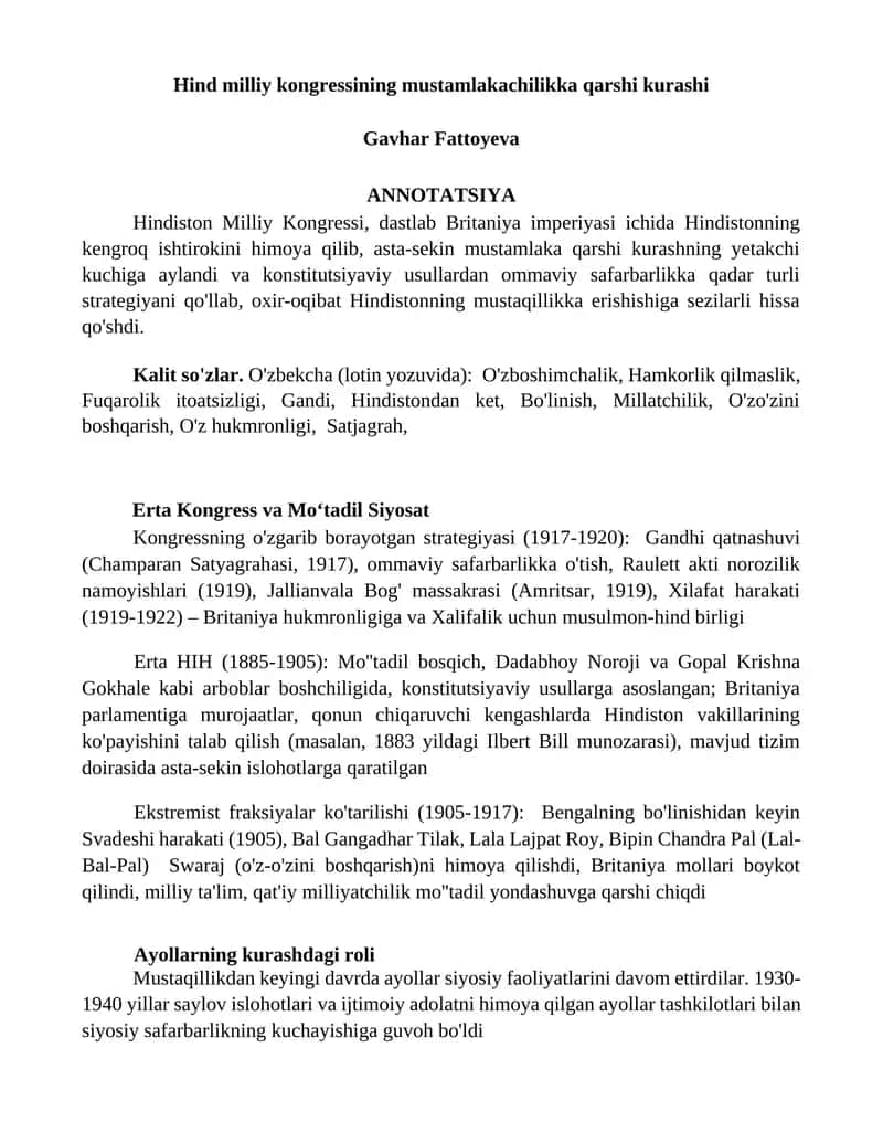 Hind milliy kongressining mustamlakachilikka qarshi kurashi