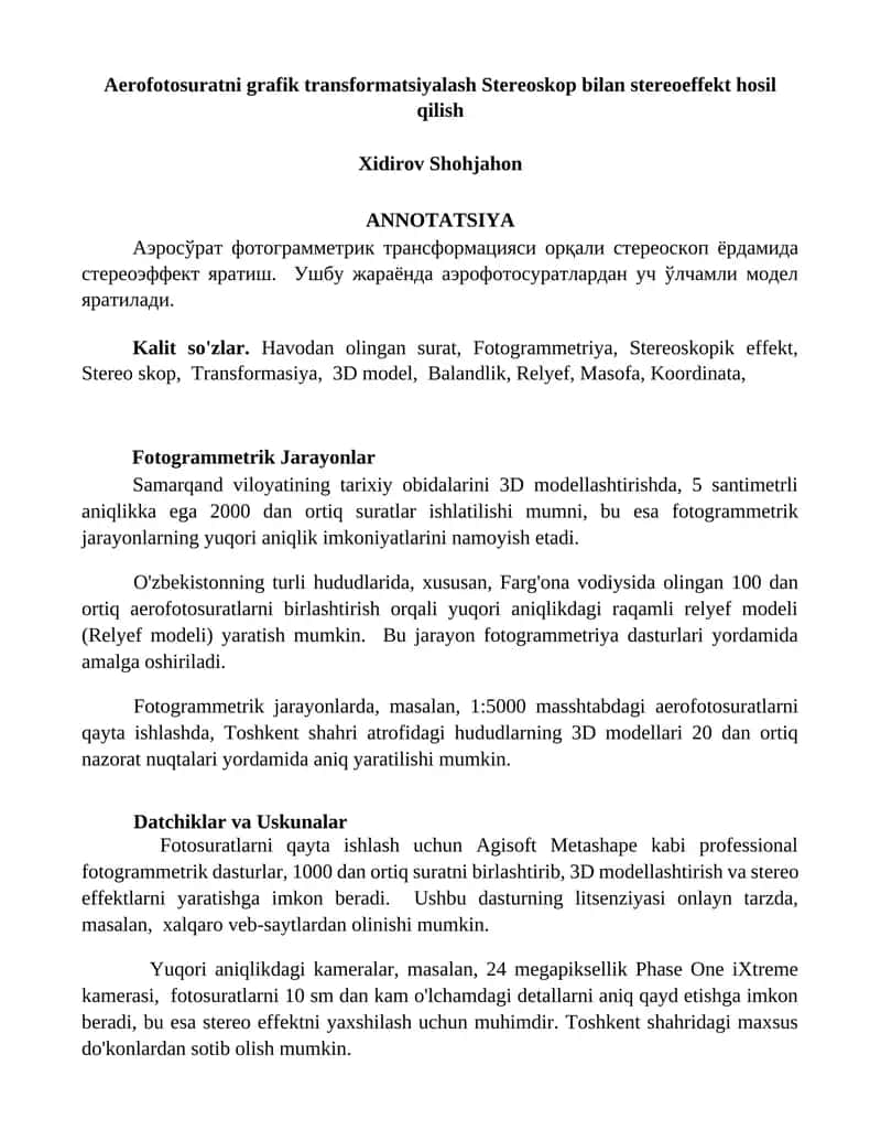 Aerofotosuratni grafik transformatsiyalash Stereoskop bilan stereoeffekt hosil qilish