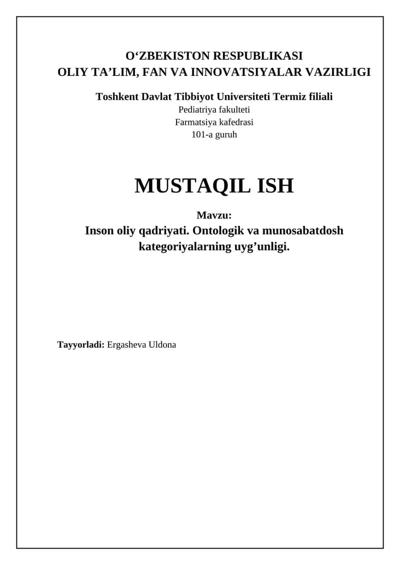 Inson - Oliy Qadriyat Ontologiyasi