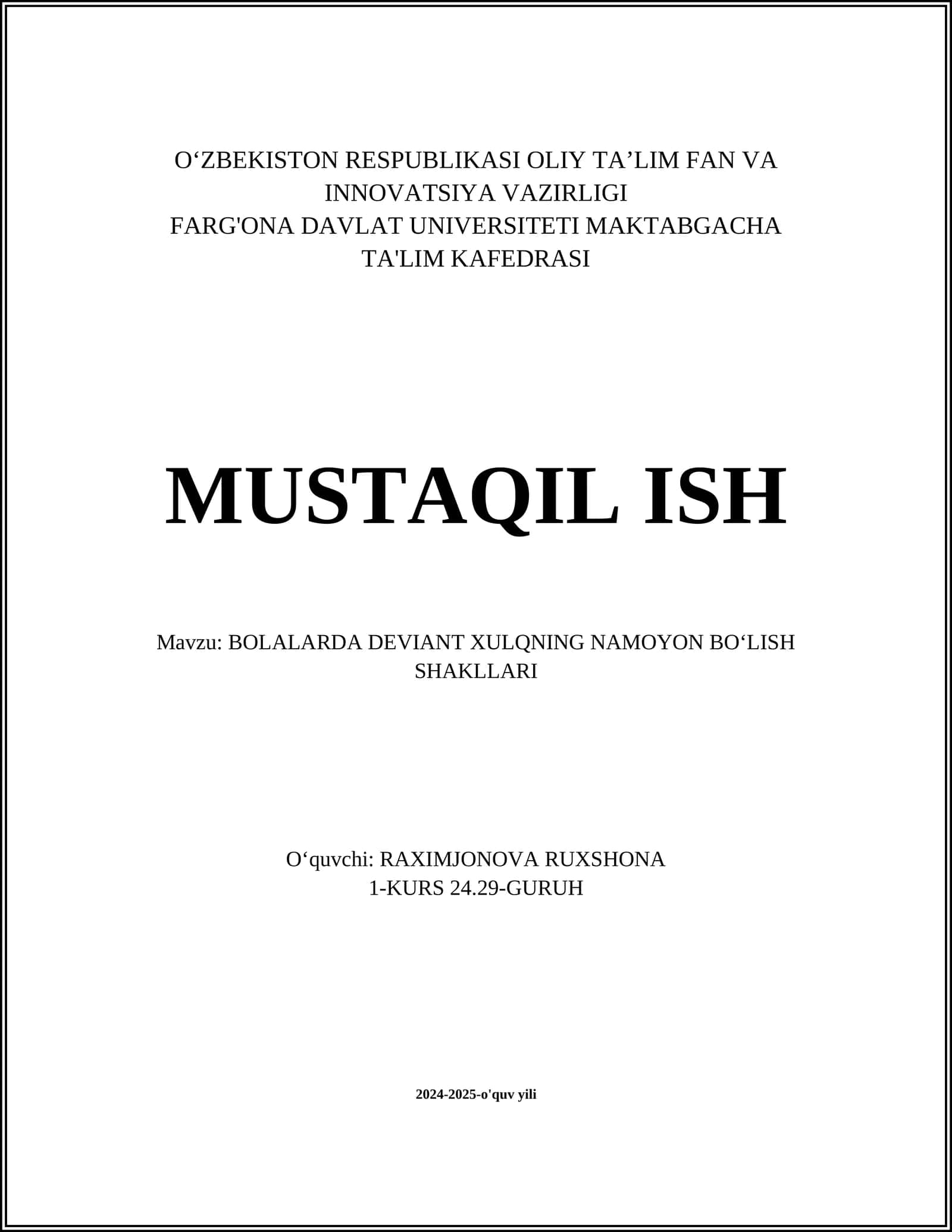 BOLALARDA DEVIANT XULQNING NAMOYON BOʻLISH SHAKLLARI