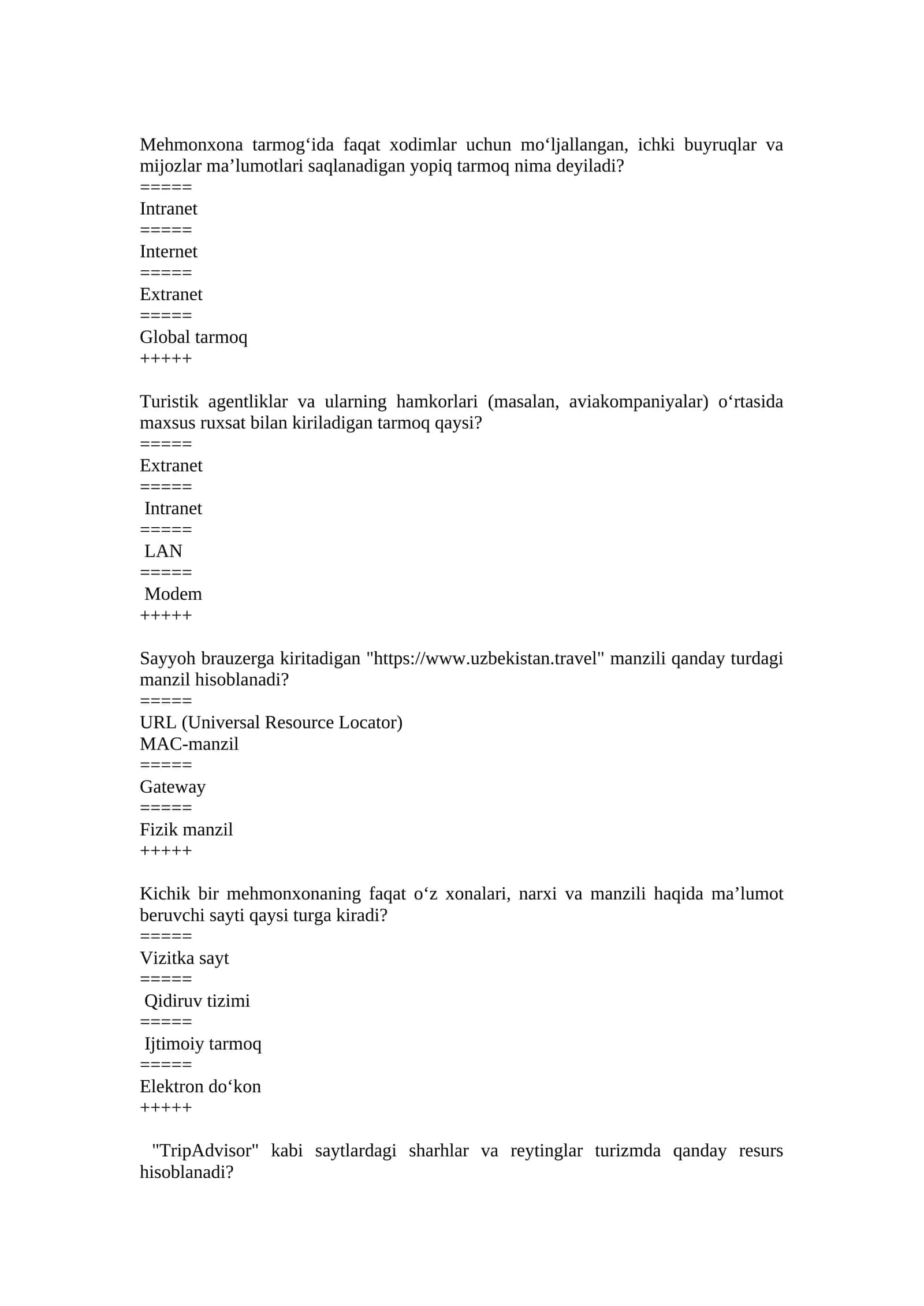 Turizmda raqamli texnologiyalar test