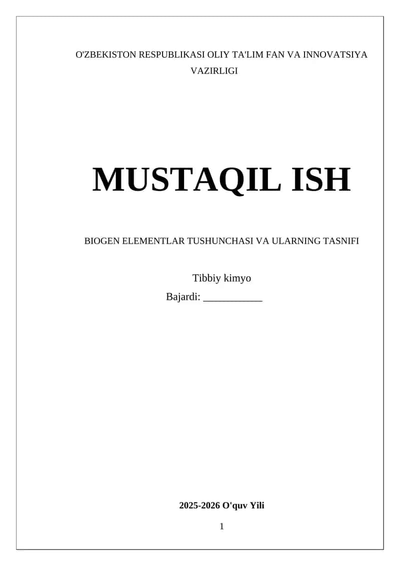 Biogen Elementlar Tushunchasi va Ularning Tasnifi