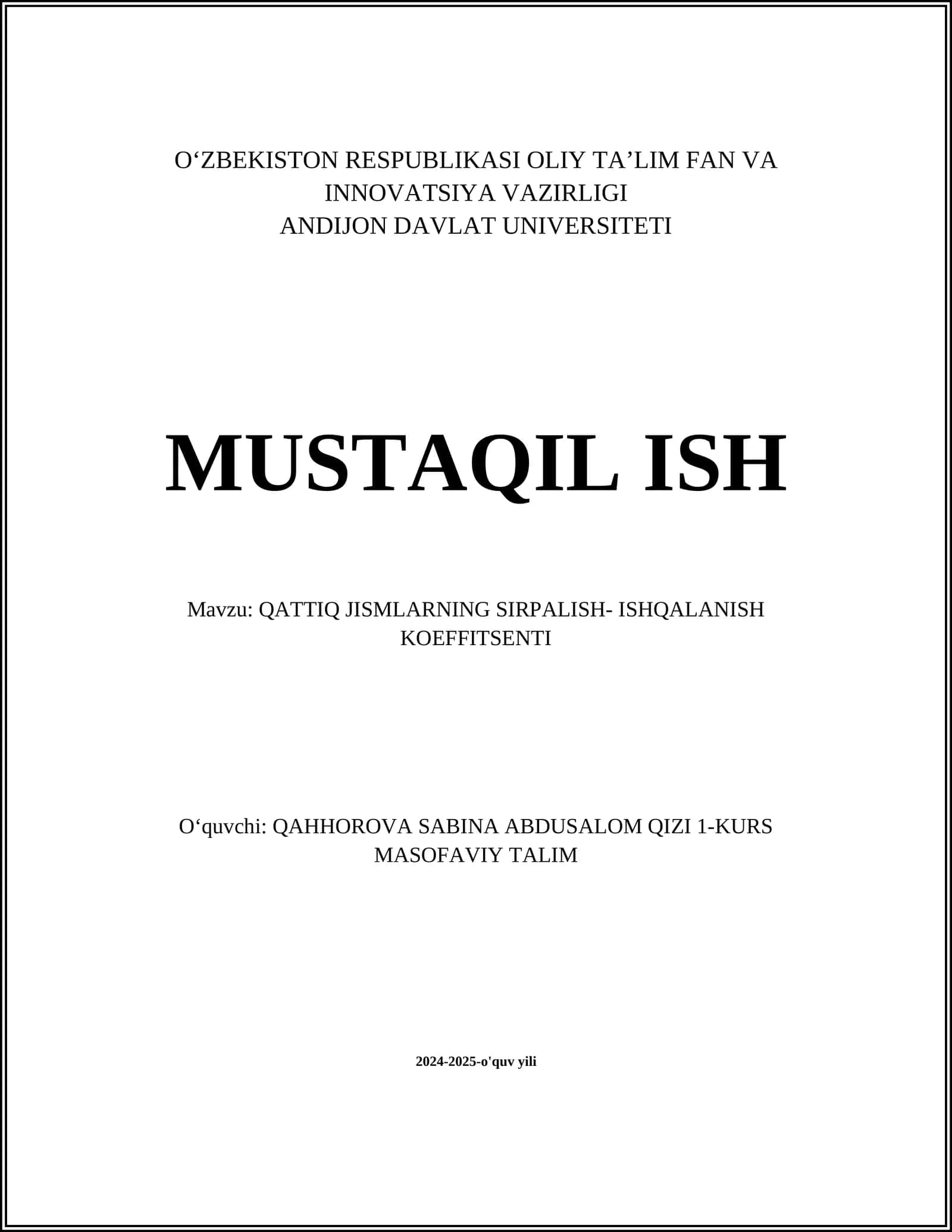 QATTIQ JISMLARNING SIRPALISH- ISHQALANISH KOEFFITSENTI