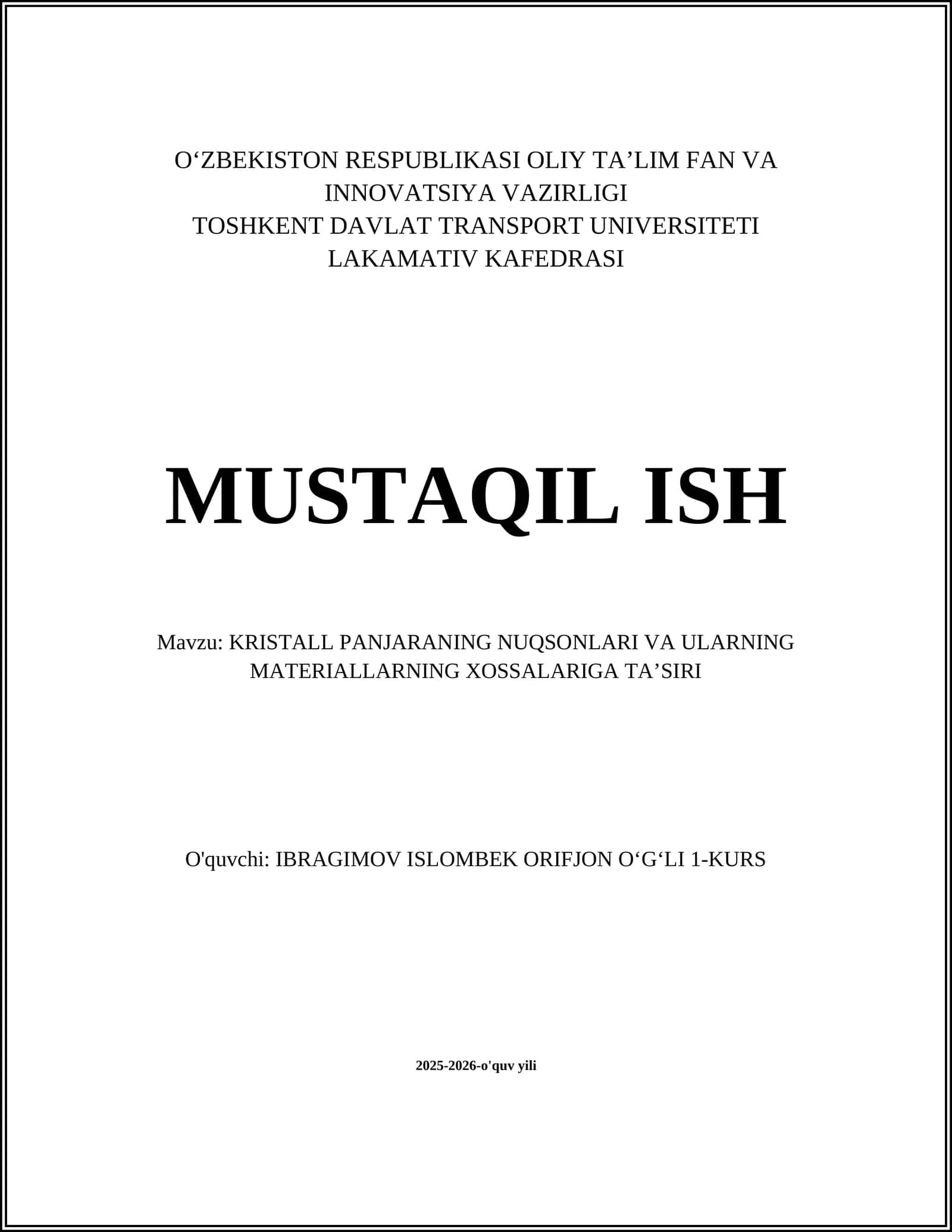 KRISTALL PANJARANING NUQSONLARI VA ULARNING MATERIALLARNING XOSSALARIGA TAʼSIRI