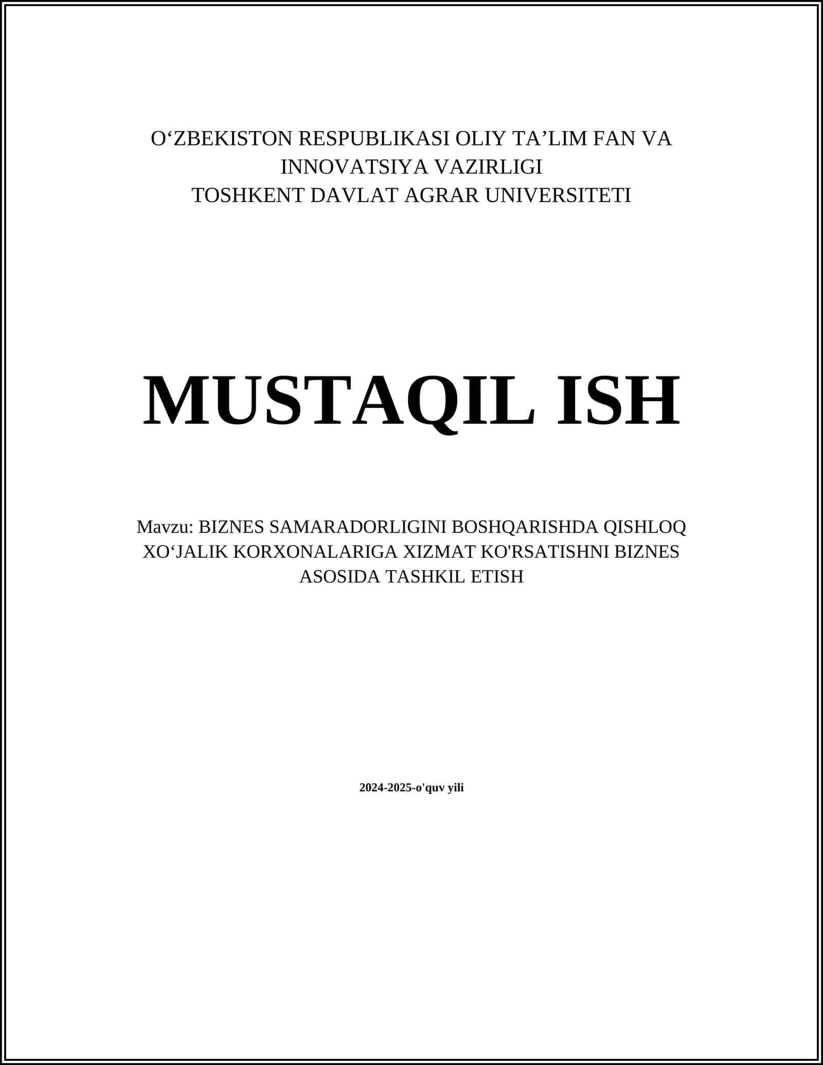 BIZNES SAMARADORLIGINI BOSHQARISHDA QISHLOQ XOʻJALIK KORXONALARIGA XIZMAT KO'RSATISHNI BIZNES ASOSIDA TASHKIL ETISH