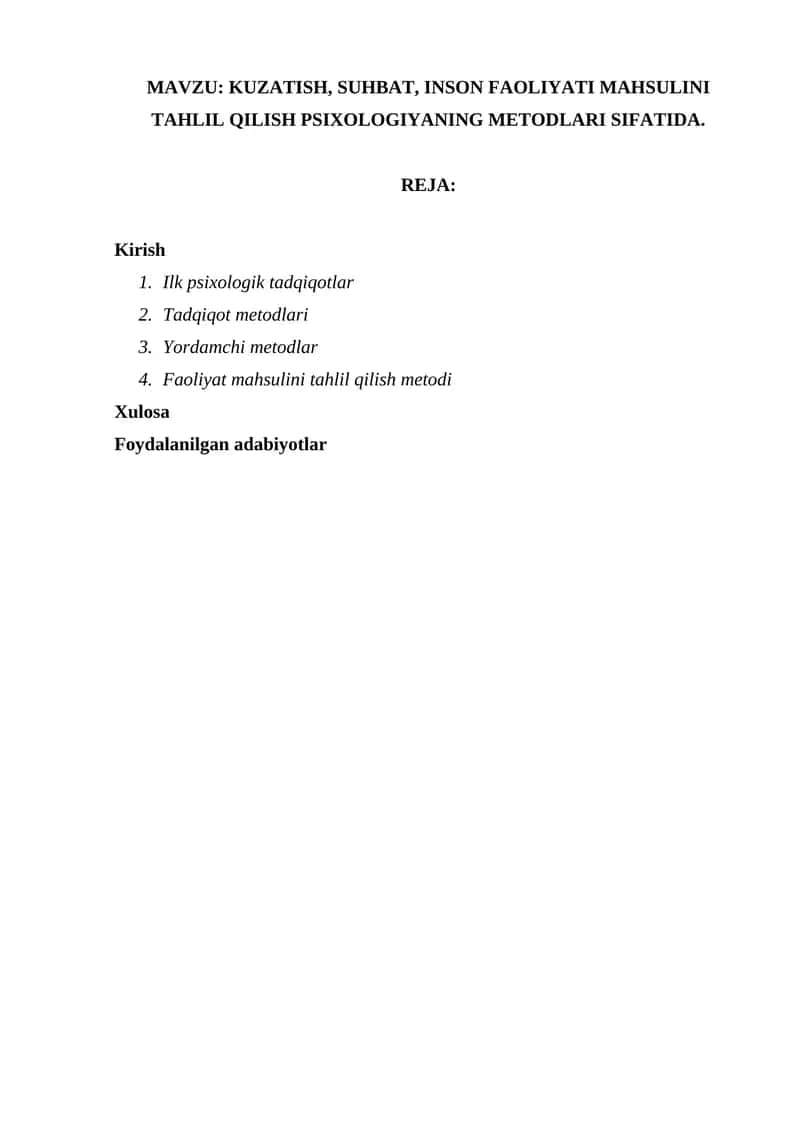 INSON FAOLIYATI MAHSULINI TAHLIL QILISH PSIXOLOGIYANING METODLARI SIFATIDA