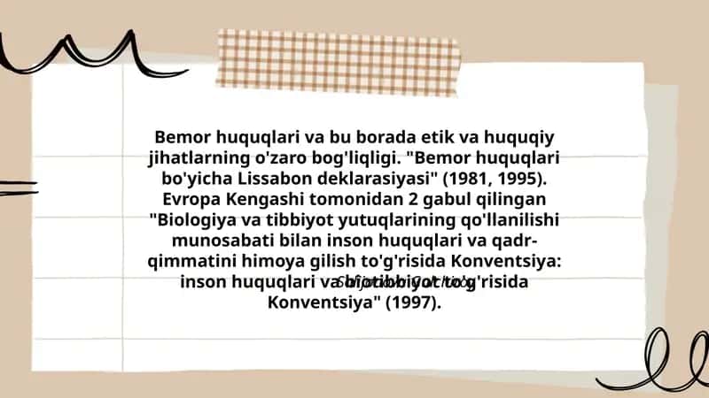 Bemor huquqlari va bu borada etik va huquqiy jihatlarning o'zaro bog'liqligi