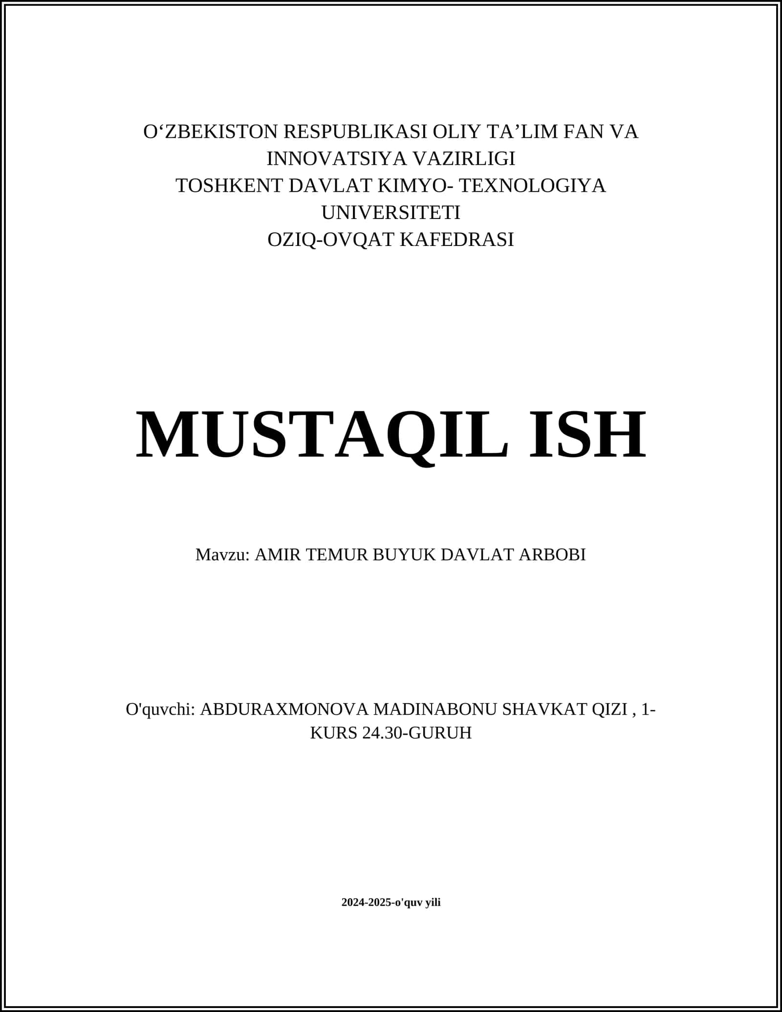 AMIR TEMUR BUYUK DAVLAT ARBOBI