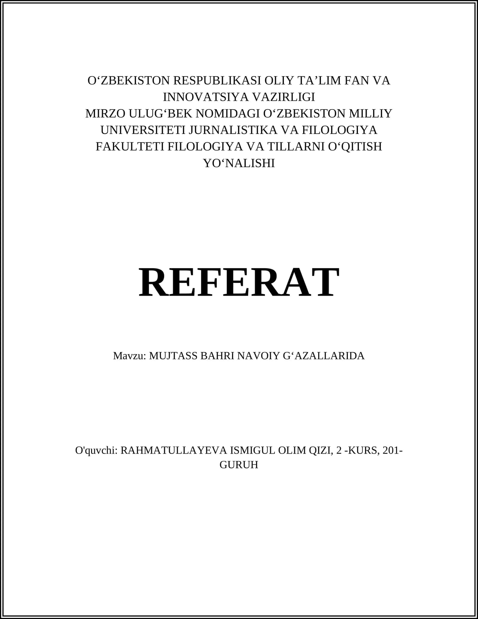 MUJTASS BAHRI NAVOIY GʻAZALLARIDA