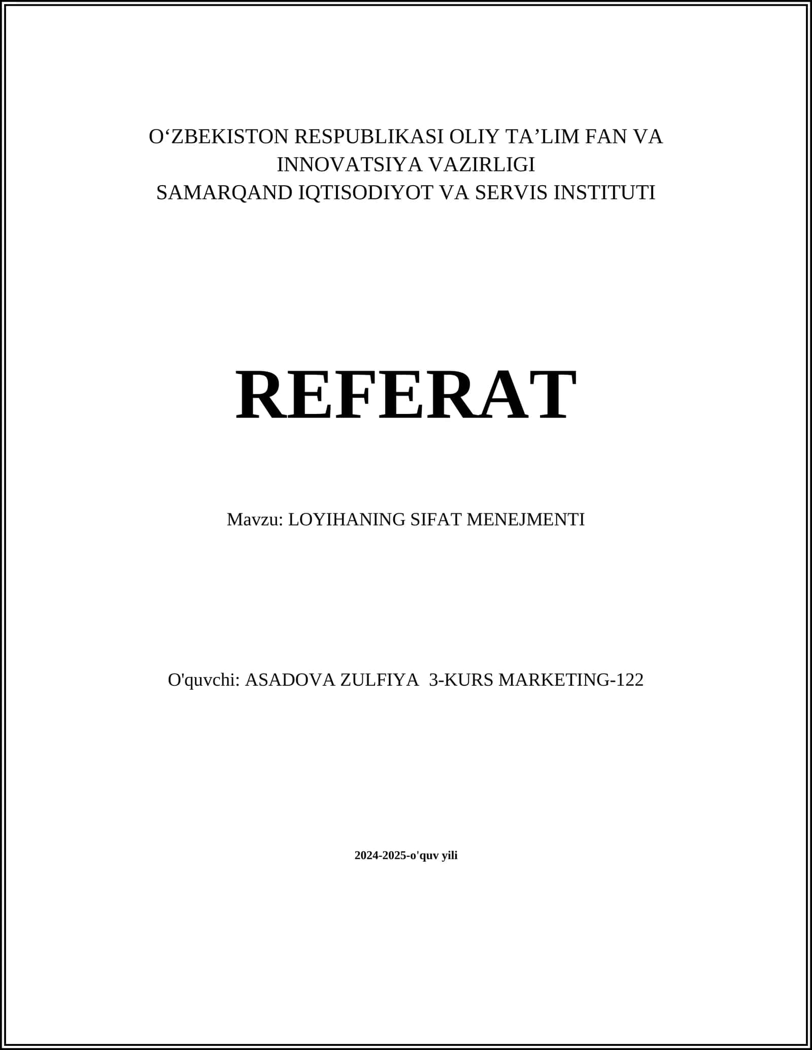 LOYIHANING SIFAT MENEJMENTI