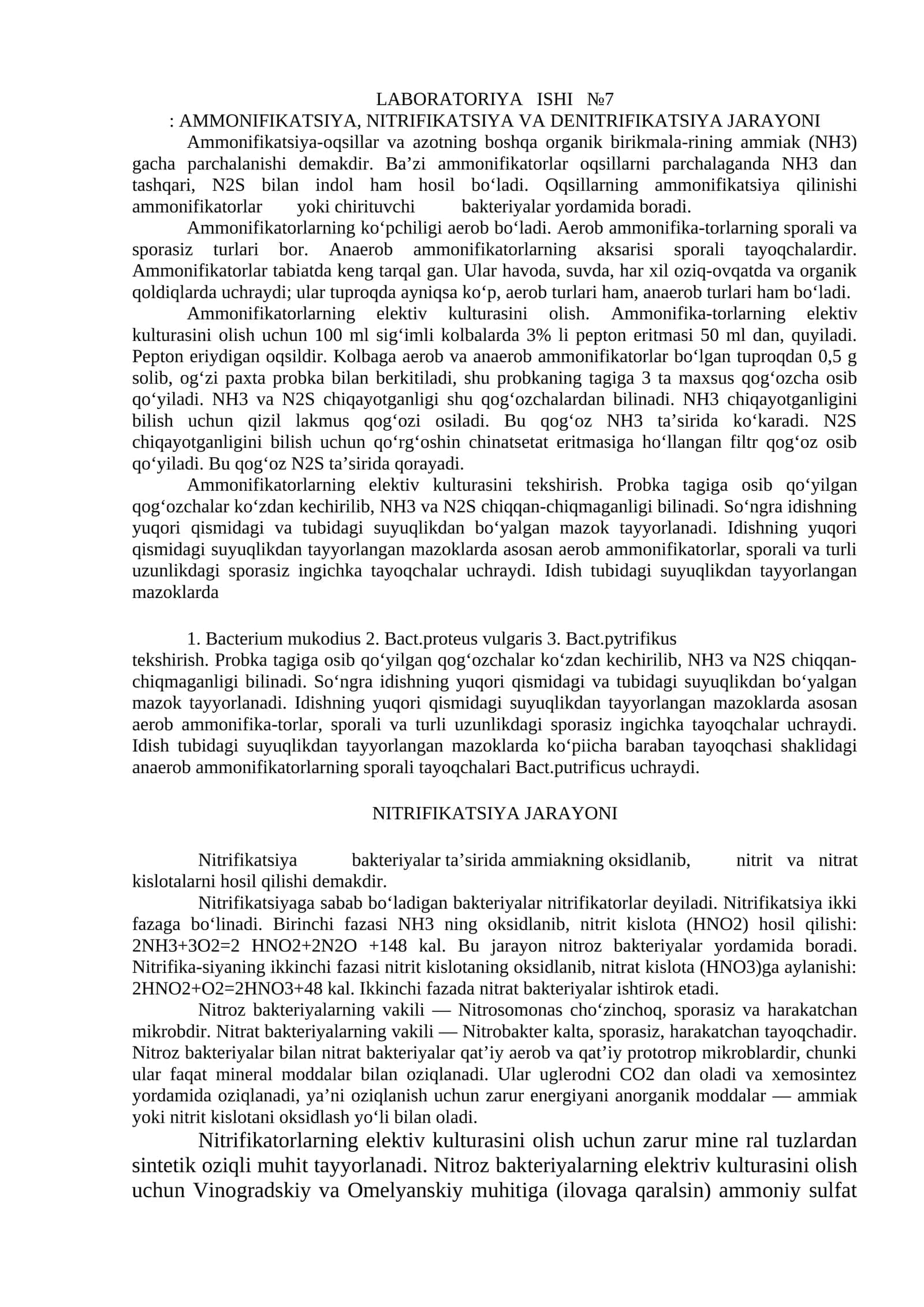 LABORATORIYA ISHI №7: AMMONIFIKATSIYA, NITRIFIKATSIYA VA DENITRIFIKATSIYA JARAYONI