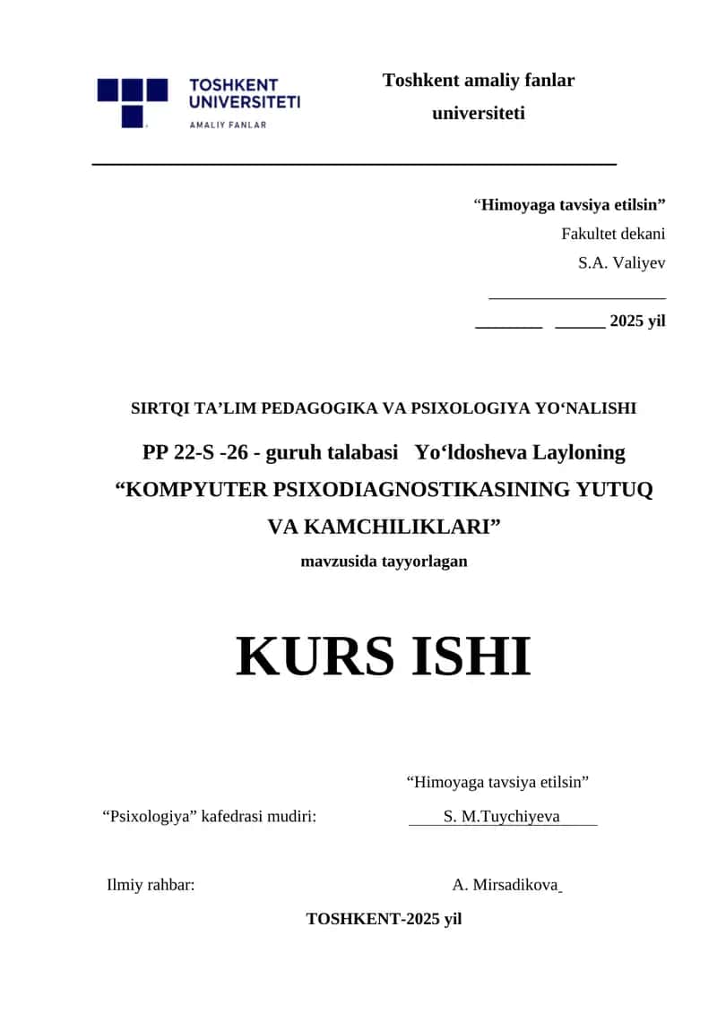 KOMPYUTER PSIXODIAGNOSTIKASINING YUTUQ VA KAMCHILIKLARI