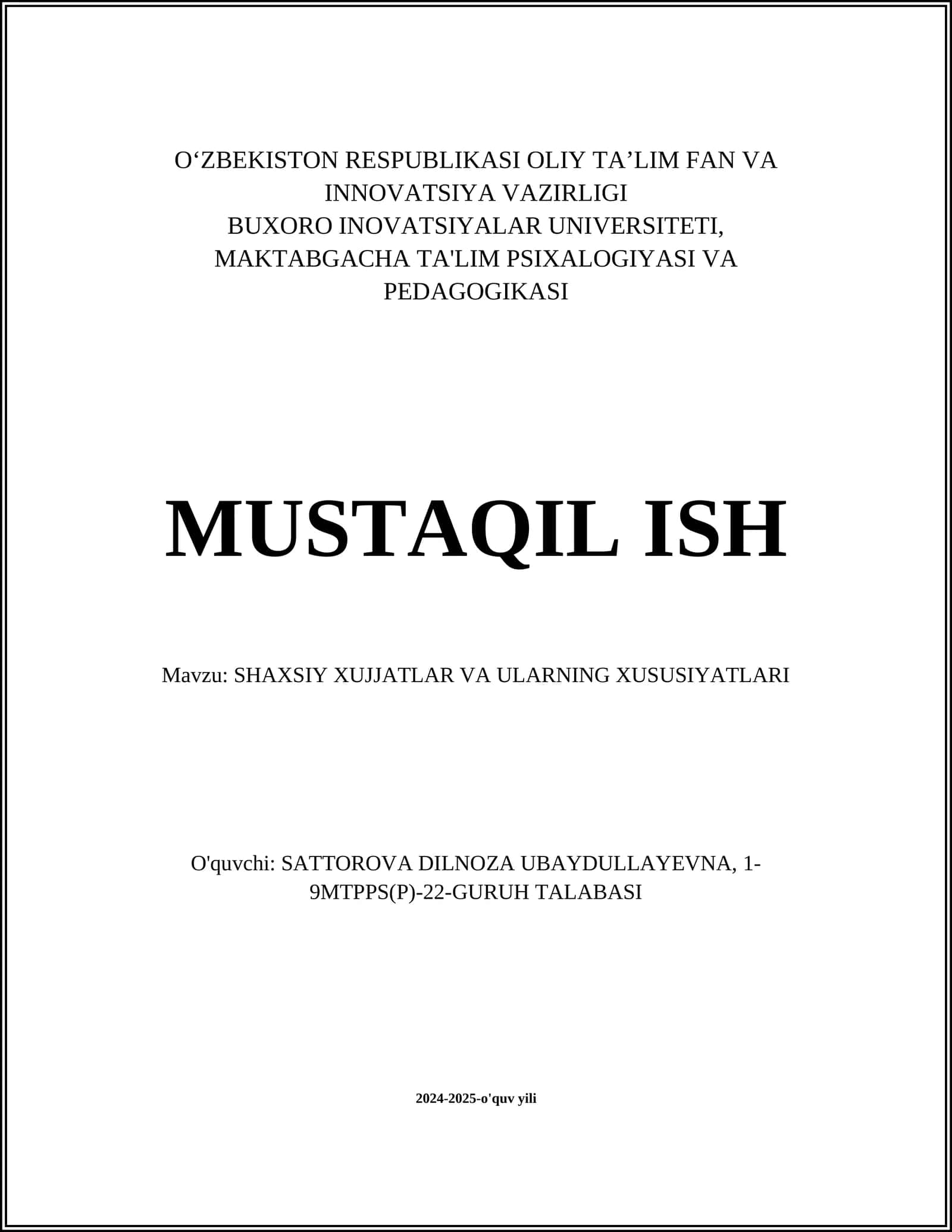 SHAXSIY XUJJATLAR VA ULARNING XUSUSIYATLARI