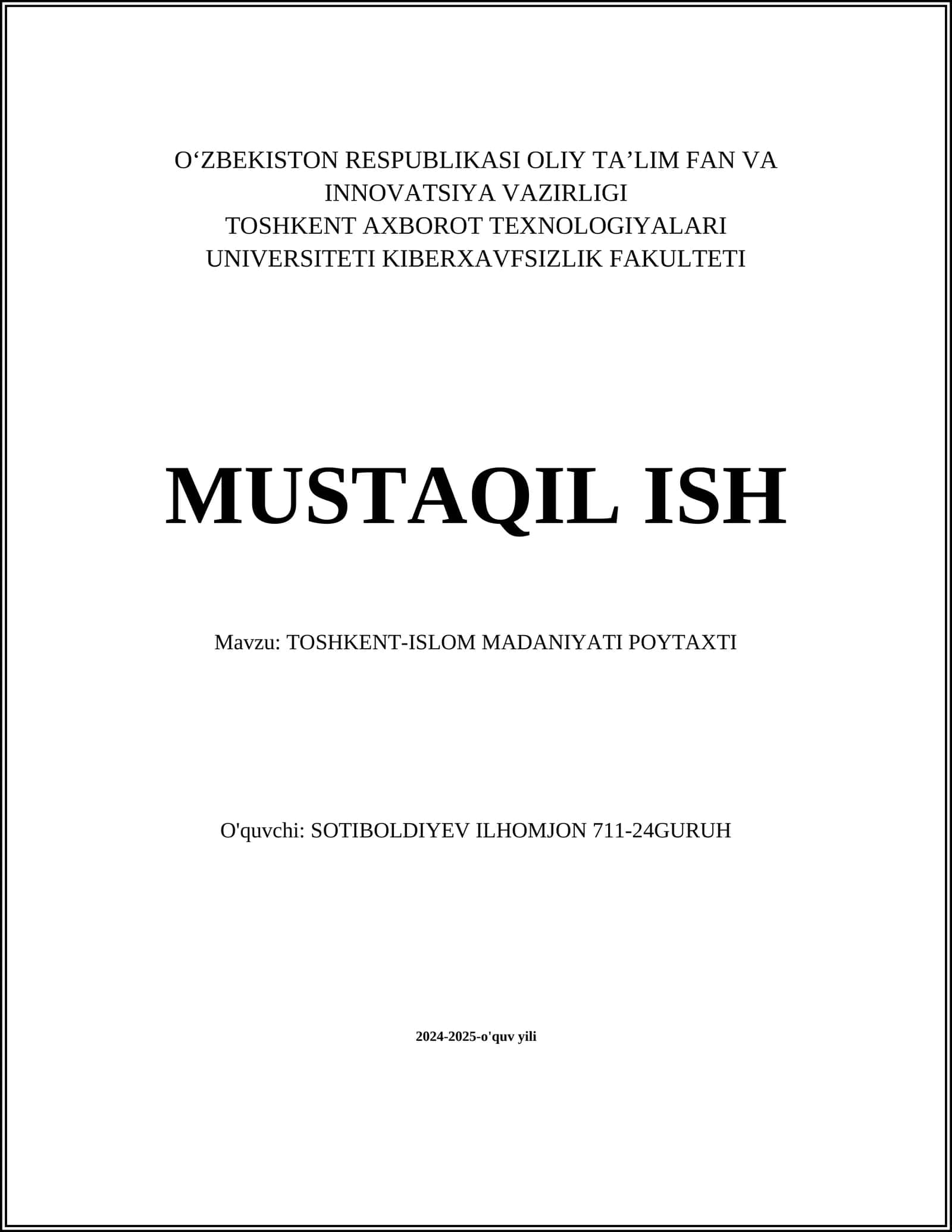 TOSHKENT-ISLOM MADANIYATI POYTAXTI