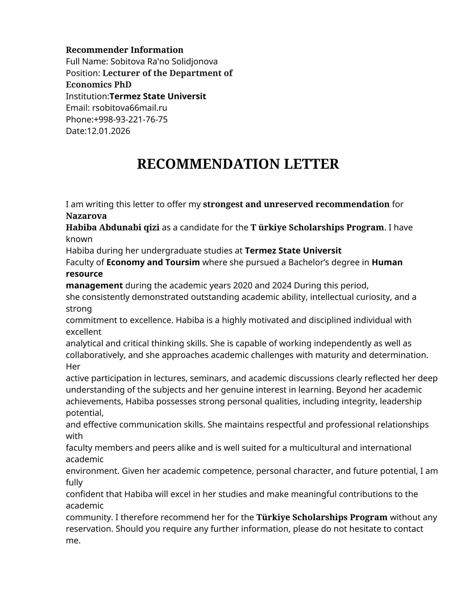 Mavzu: RECOMMENDATION LETTER