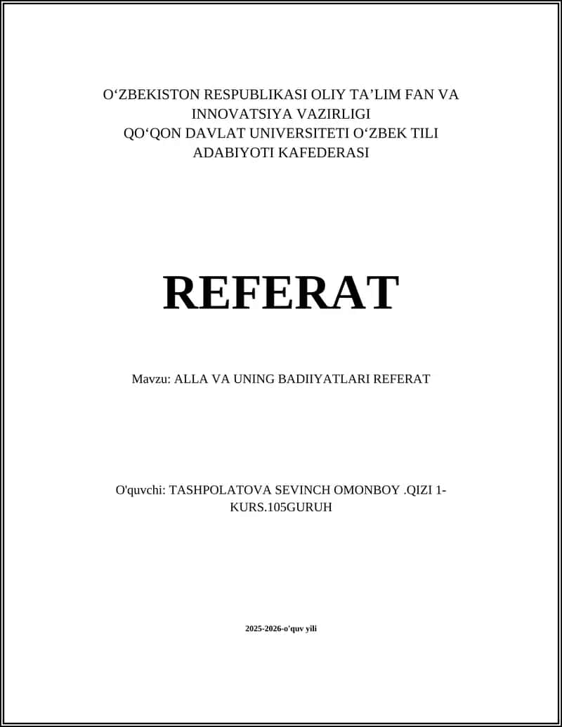 ALLA VA UNING BADIIYATLARI REFERAT