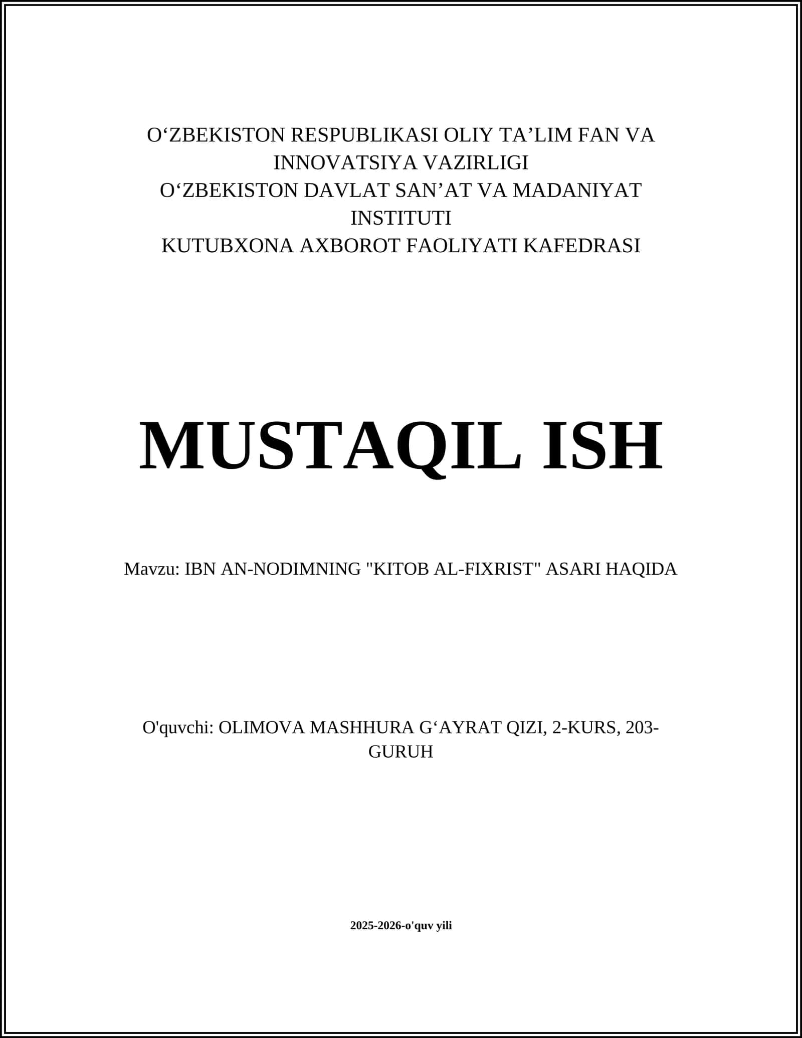 IBN AN-NODIMNING "KITOB AL-FIXRIST" ASARI HAQIDA
