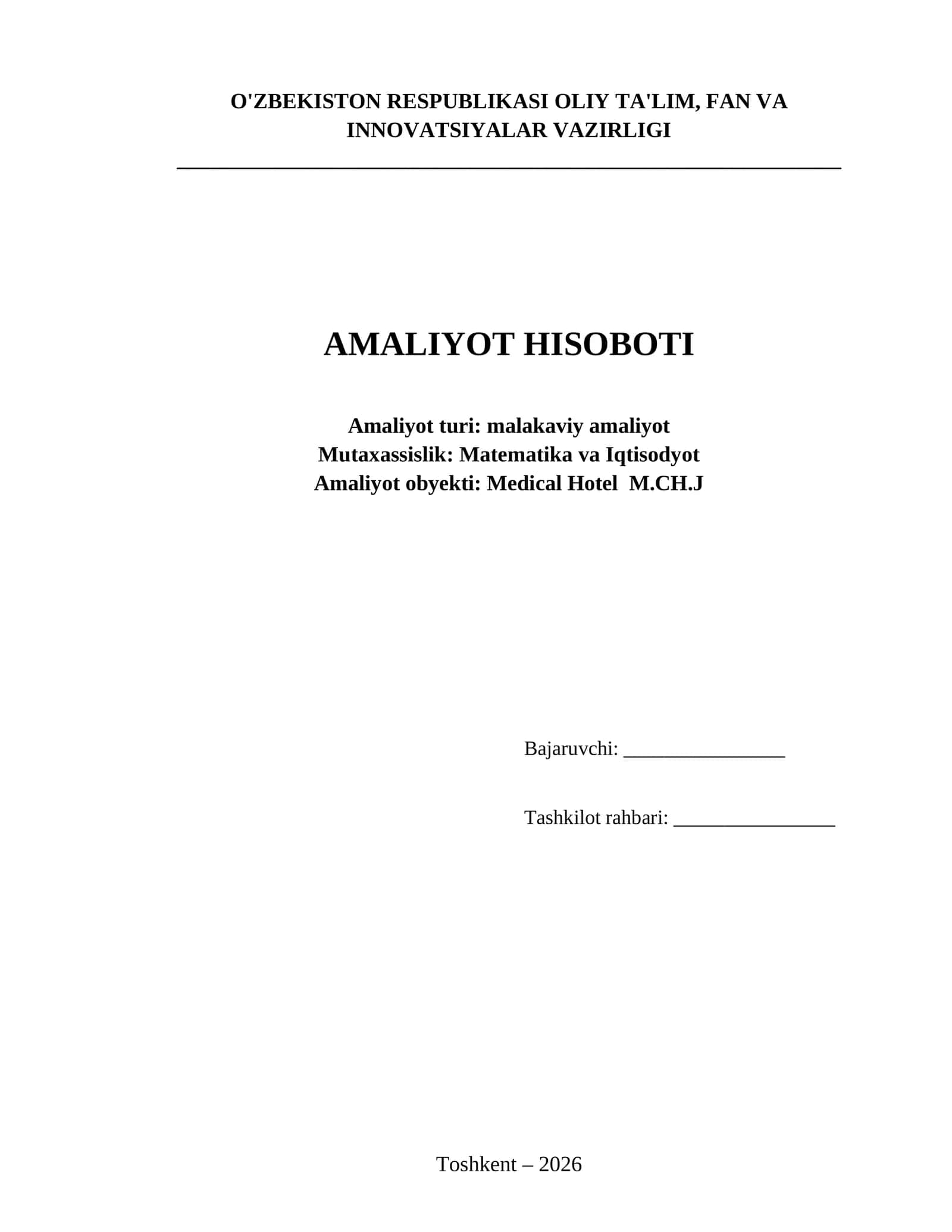 Mehmonxona xizmat korsatishi boyicha malakaviy amalyoti