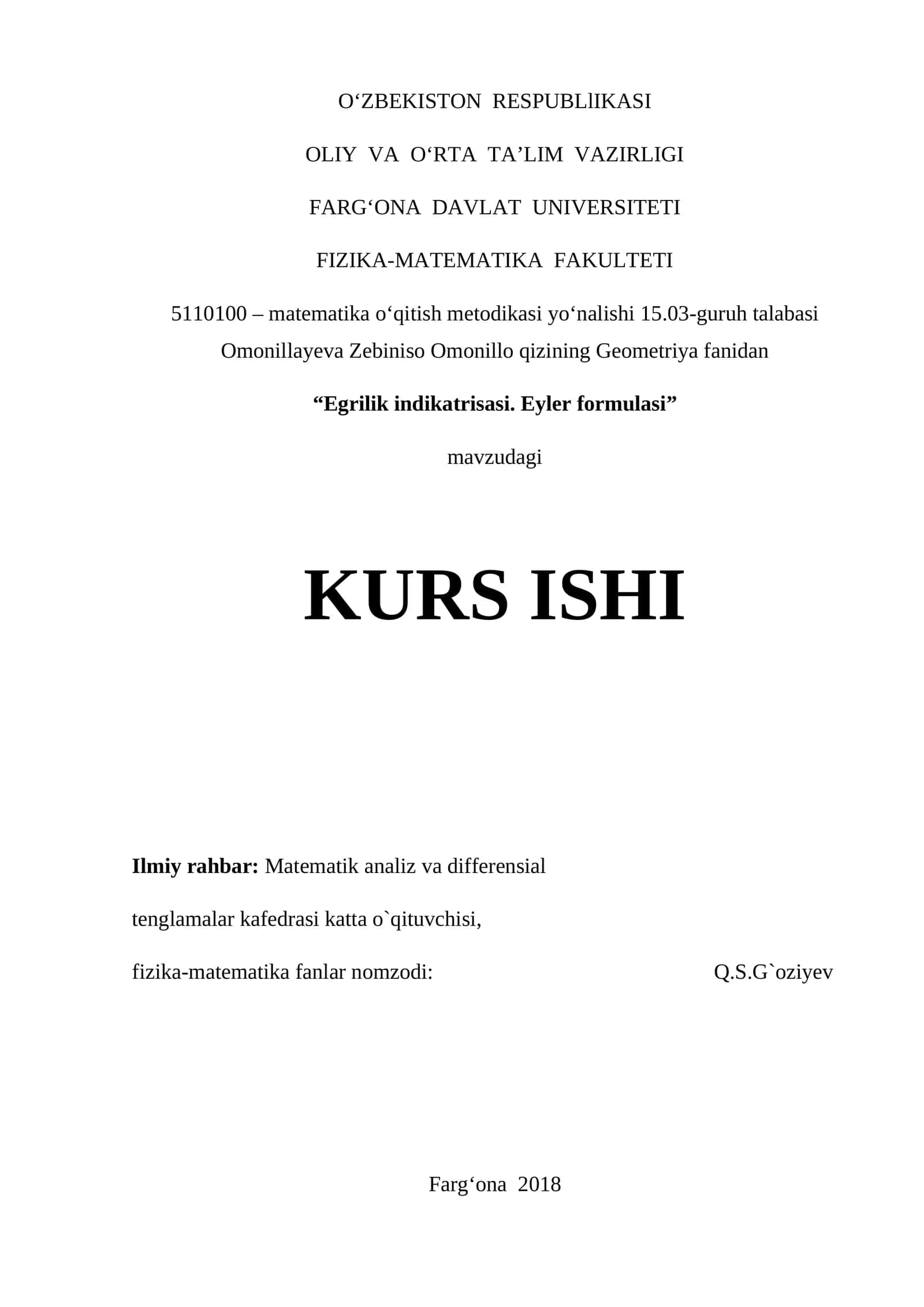 Egrilik indikatrisasi. Eyler formulasi