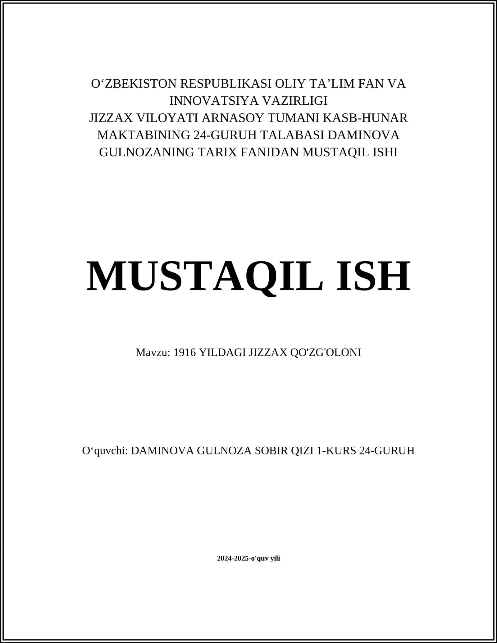 1916 YILDAGI JIZZAX QO'ZG'OLONI