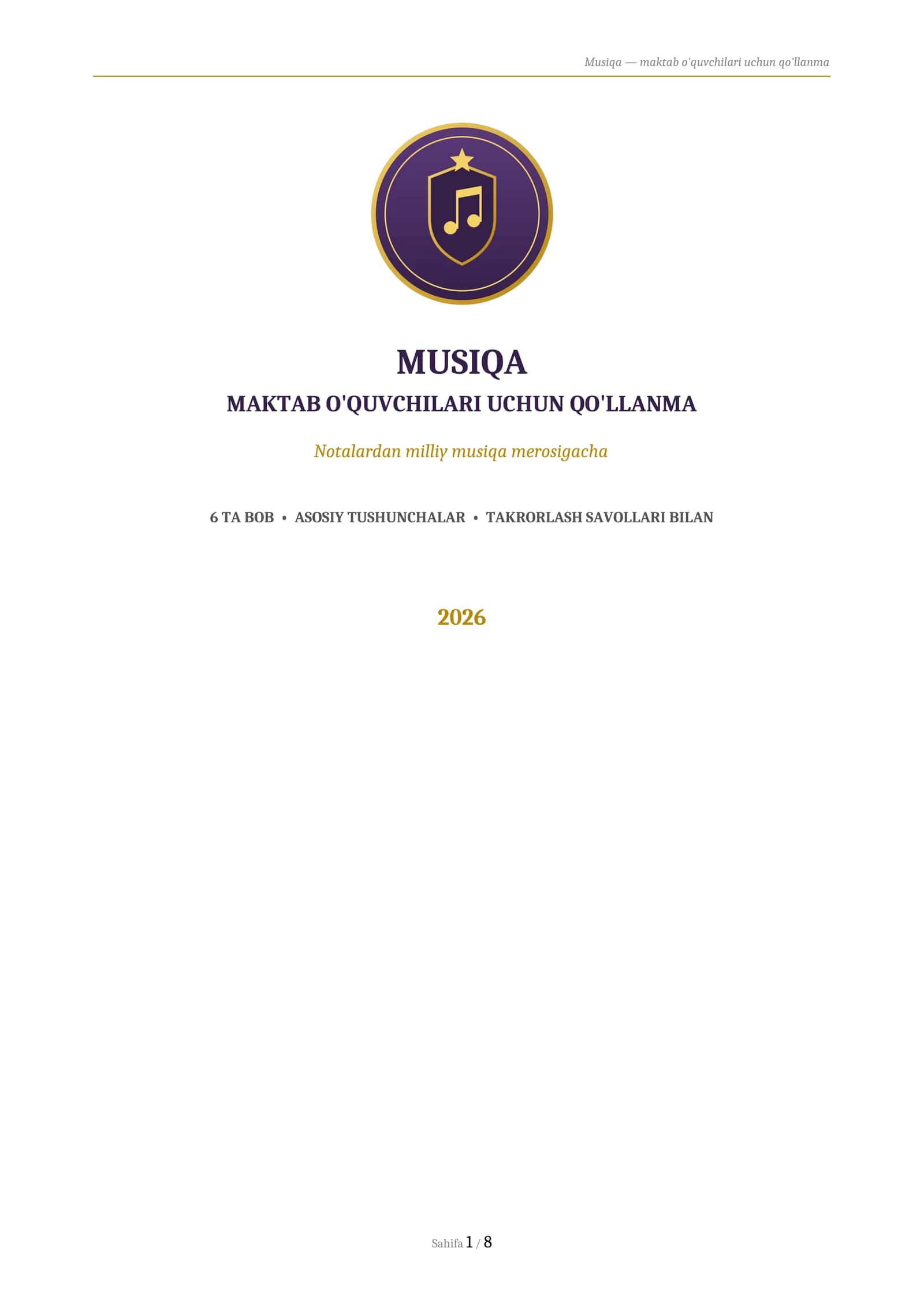 MUSIQA
MAKTAB O'QUVCHILARI UCHUN QO'LLANMA